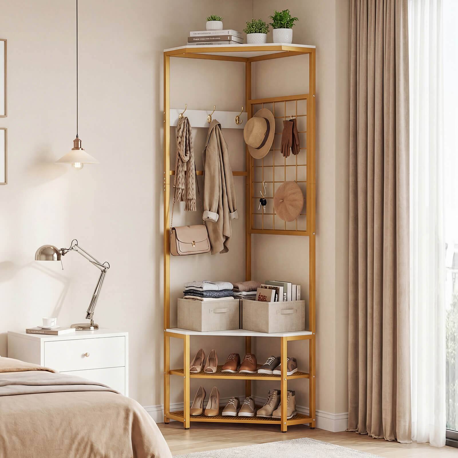 Alt View 5. Costway - Costway Corner Hall Tree, Freestanding Coat Rack with Storage Shelves & Removable Hooks - Gold + White.