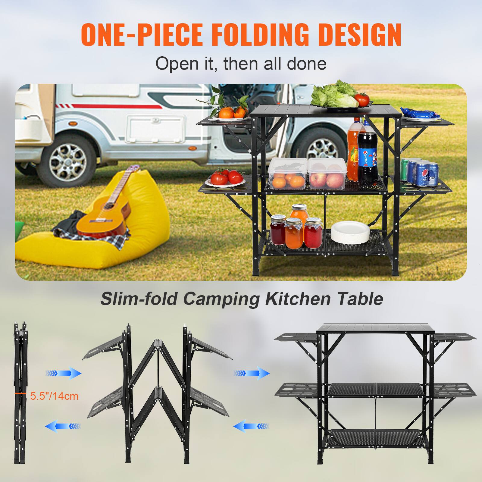 ONE-PIECE FOLDING DESIGN Open it, then all done Slim-fold Camping Kitchen Table 5.5"/14cm