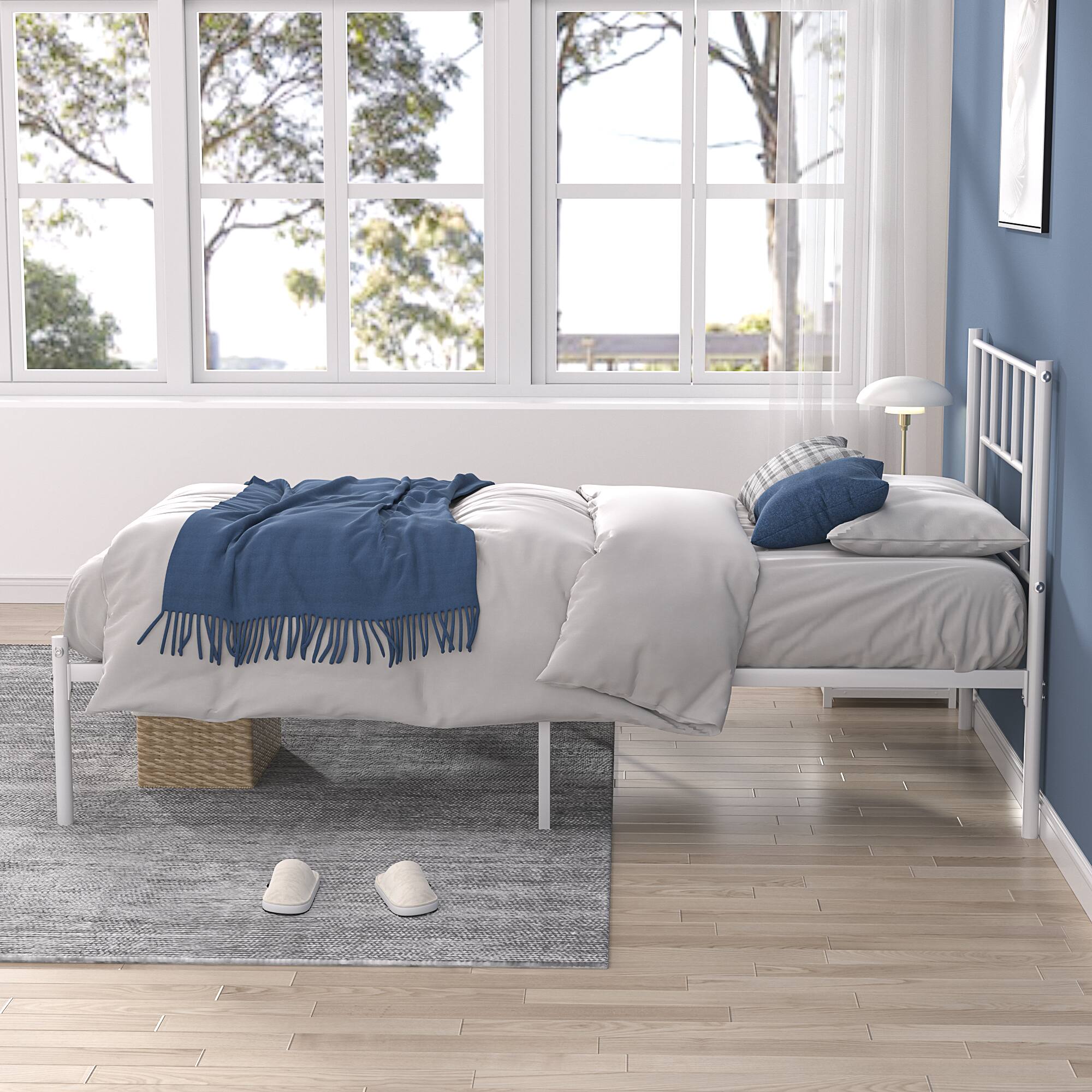 Alt View 4. Vecelo - Full Metal Platform Bed Frame, Heavy Duty Steel Slat Support, Under Bed Storage,No Box Spring Needed, Easy Assembly - White.