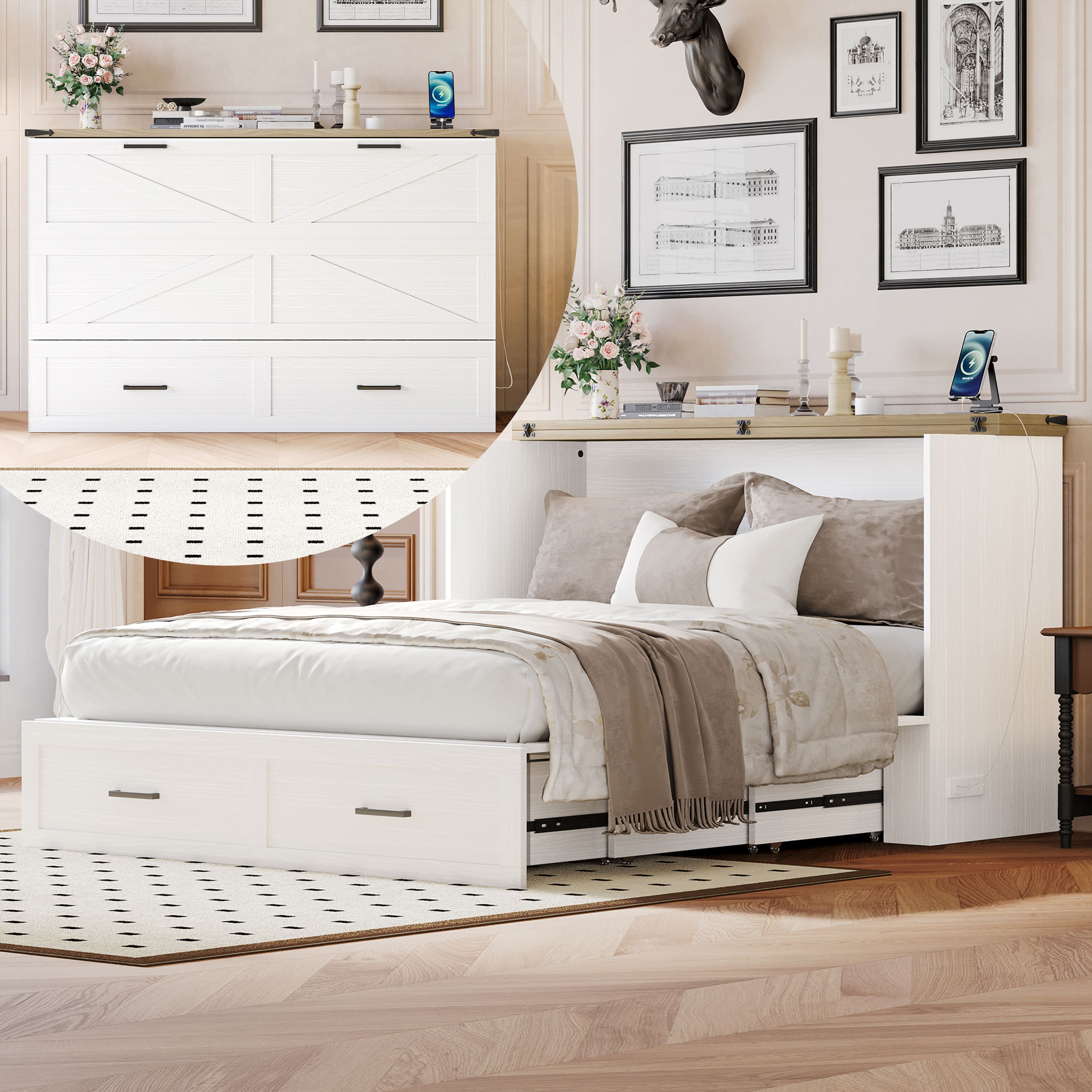 Tiramisubest - Queen Size Murphy Cabinet Bed with Charging Station, Foldable Platform Bed with Large Storage Drawer, White - White