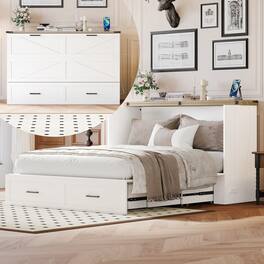Tiramisubest - Queen Size Murphy Cabinet Bed with Charging Station, Foldable Platform Bed with Large Storage Drawer, White - White