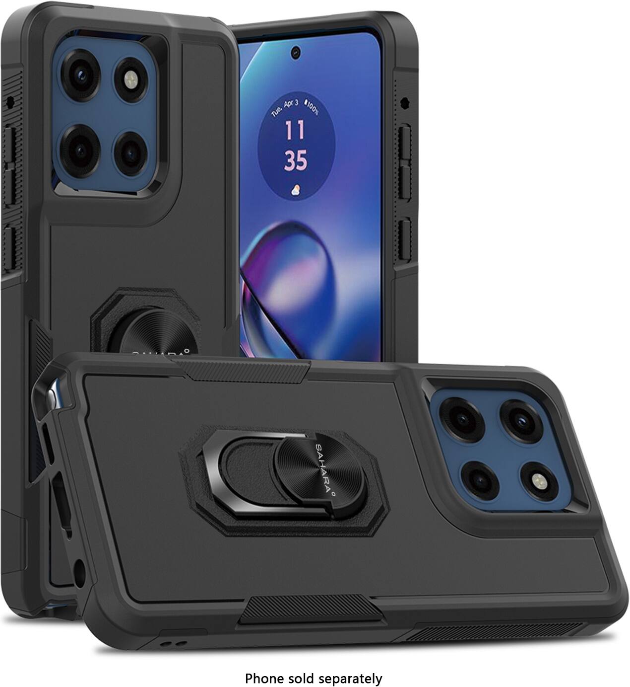The image shows a phone case and a phone. The phone case is black and has a camera on the back. The phone is blue and has a camera on the back as well. The phone is being sold separately, and the case is available for purchase.