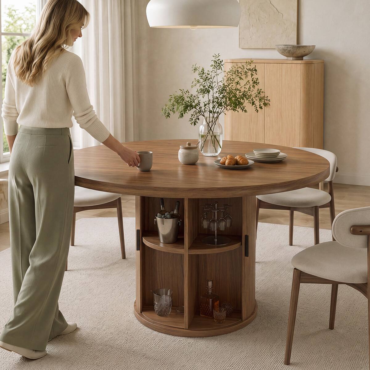 Alt View 2. Dyonery - 35.5" Round Dining Table with Storage Shelf, Modern Fluted Kitchen Table for Small Space - Walnut.
