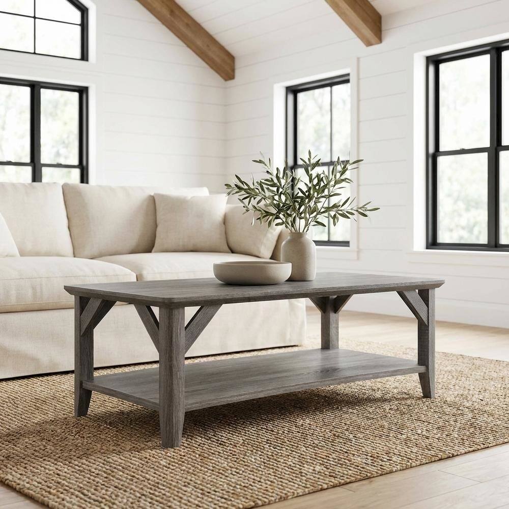 Left. FurniFact - Gray Coffee Table with Shelf and Sturdy Frame for Living Room Storage Surface - Weathered Gray.
