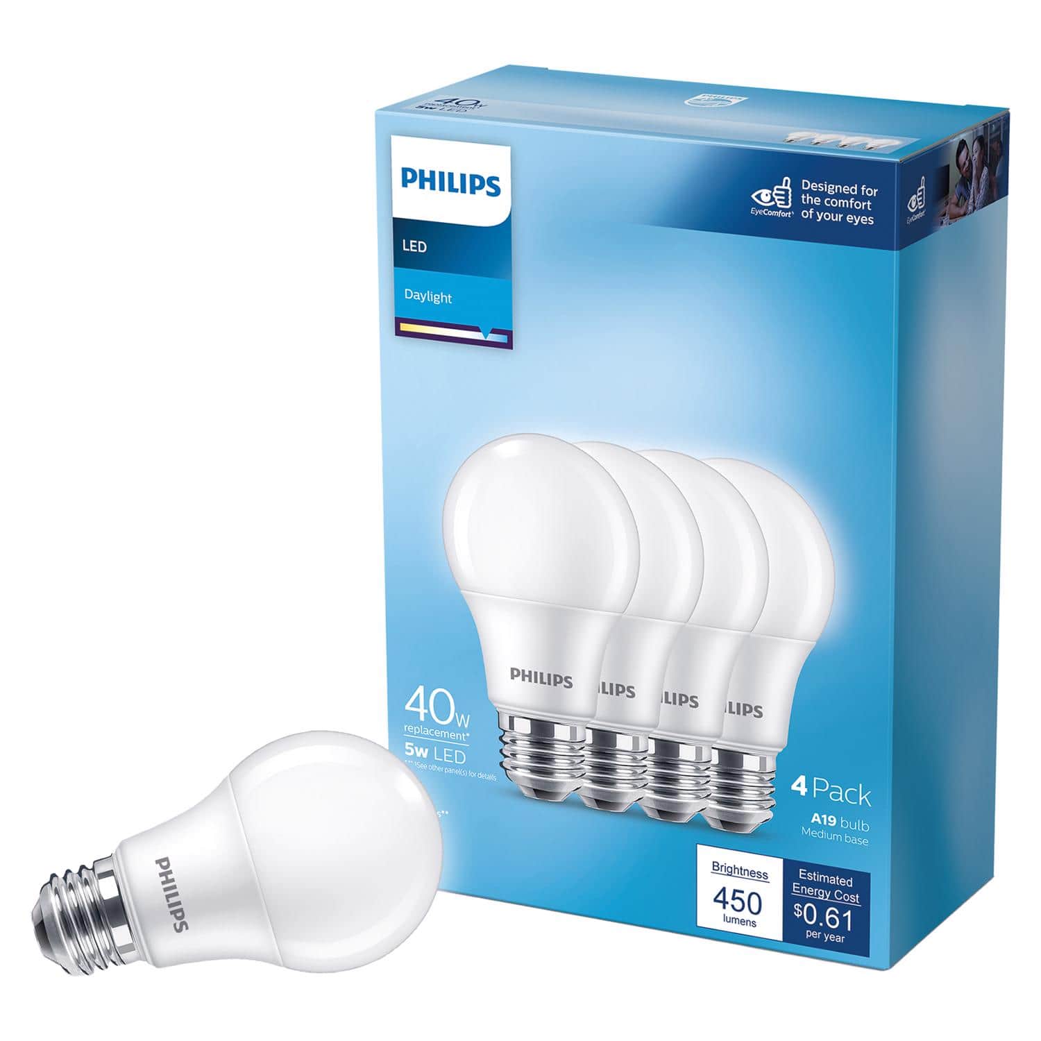 Philips - A19 E26 (Medium) LED Bulb Daylight 40 Watt Equivalence 4 pk