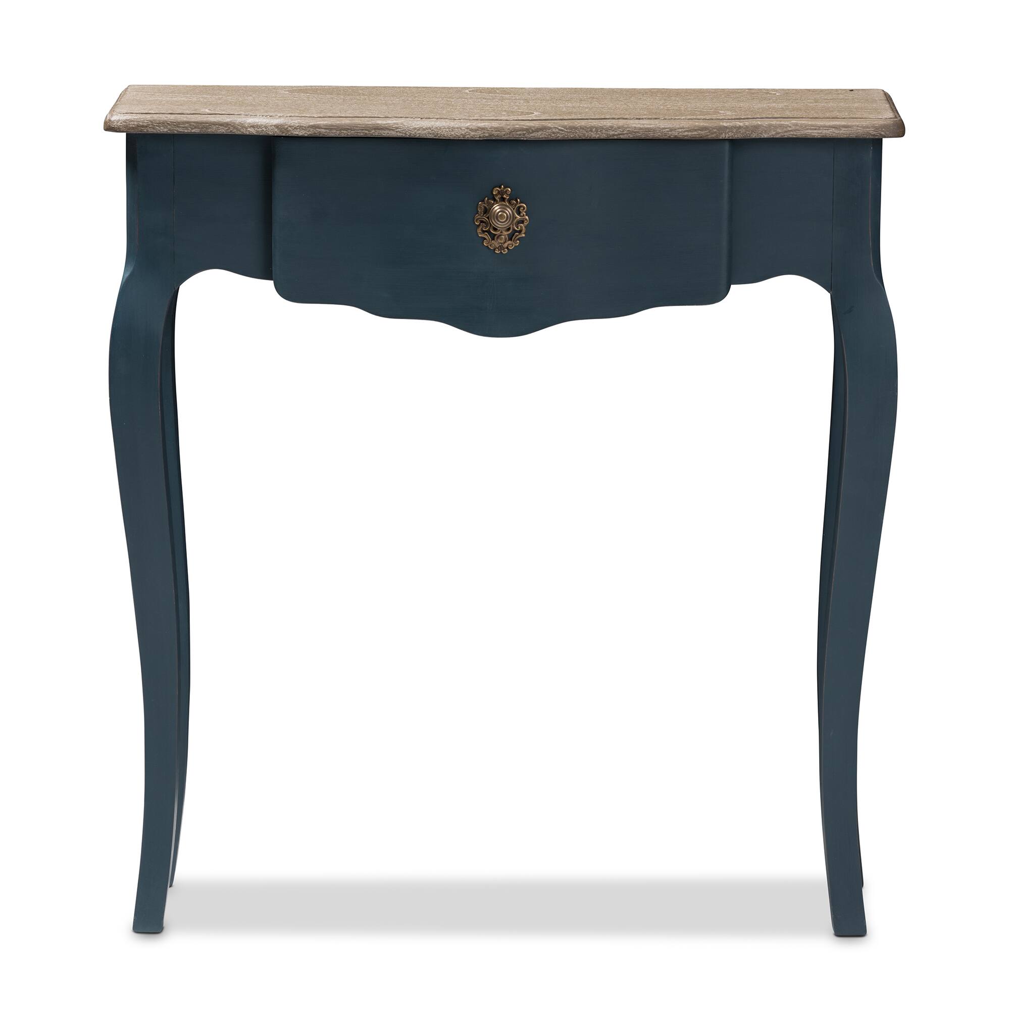 Left. Baxton Studio - Mazarine Classic and Provincial Spruce Finished Console Table - Blue.