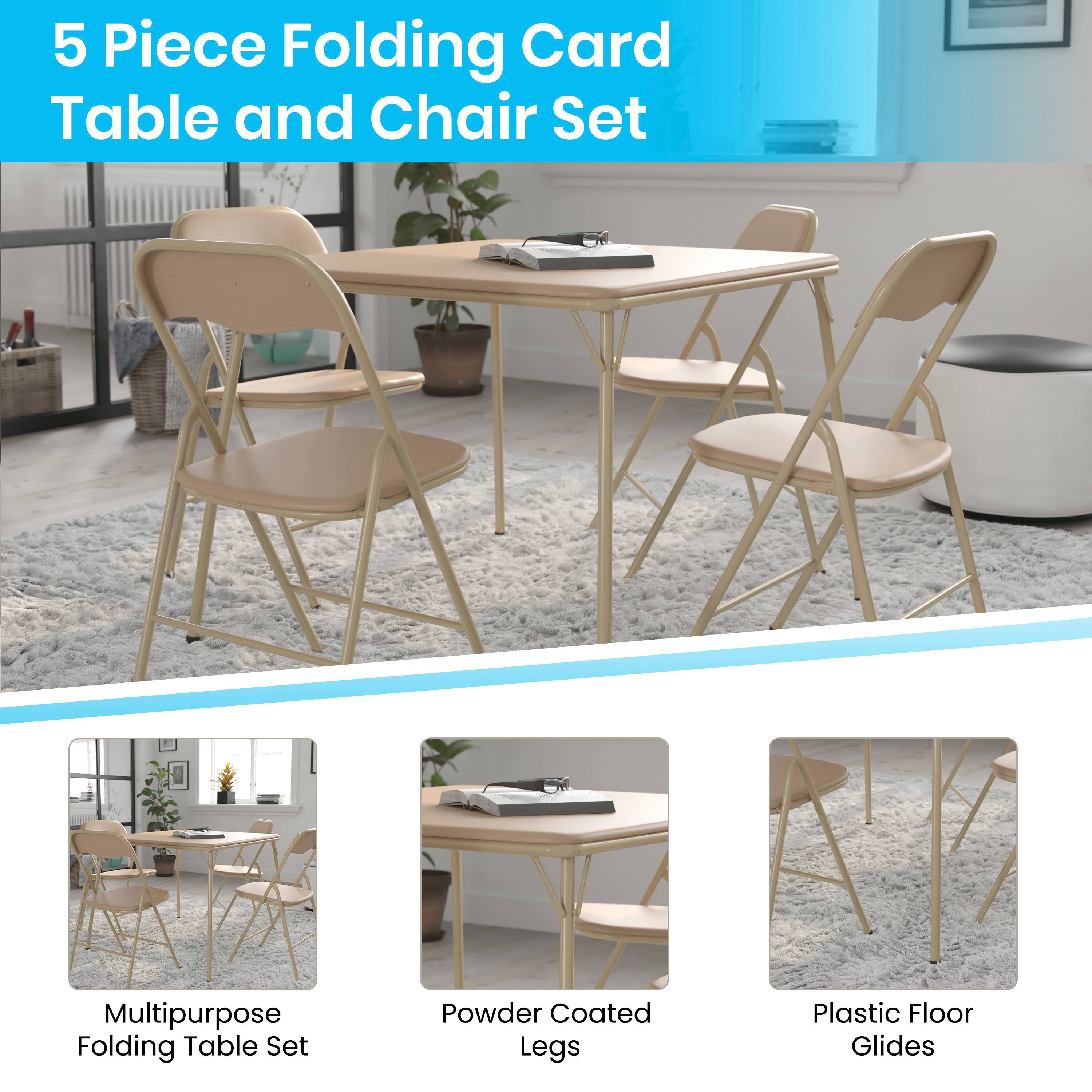 5 Piece Folding Card Table and Chair Set

- Multipurpose Folding Table Set
- Powder Coated Legs
- Plastic Floor Glides