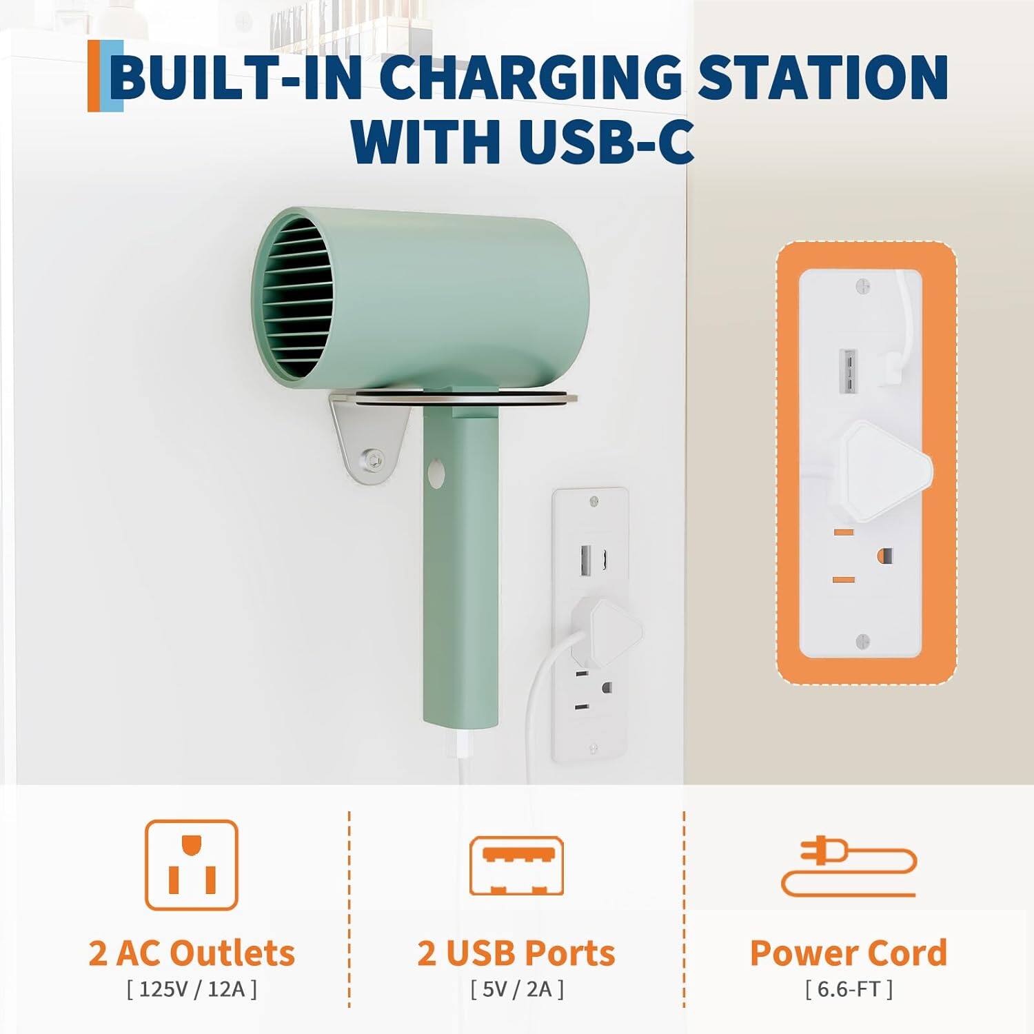 BUILT-IN CHARGING STATION WITH USB-C

- 2 AC Outlets [125V / 12A]
- 2 USB Ports [5V / 2A]
- Power Cord [6.6-FT]