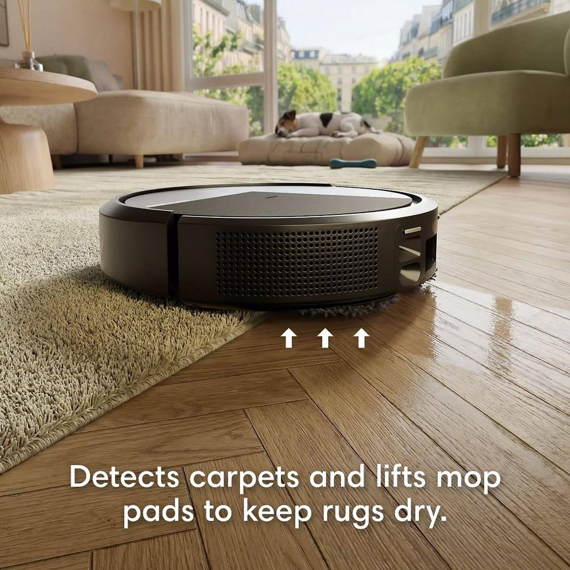 Detects carpets and lifts mop pads to keep rugs dry.