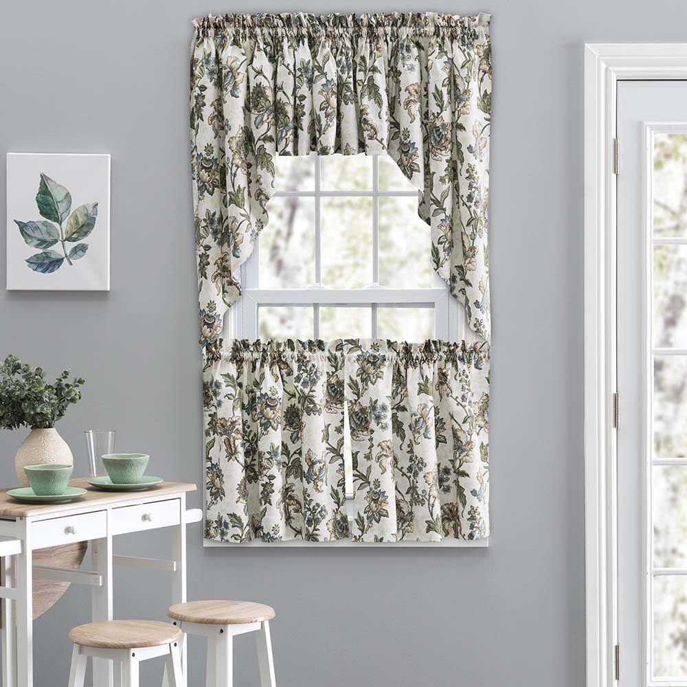 Angle. Ellis Curtain - Ellis Curtain Madison Floral Design Printed Natural Ground 1.5" Rod Pocket Tailored Swag 56" x 36" Blue - Blue.