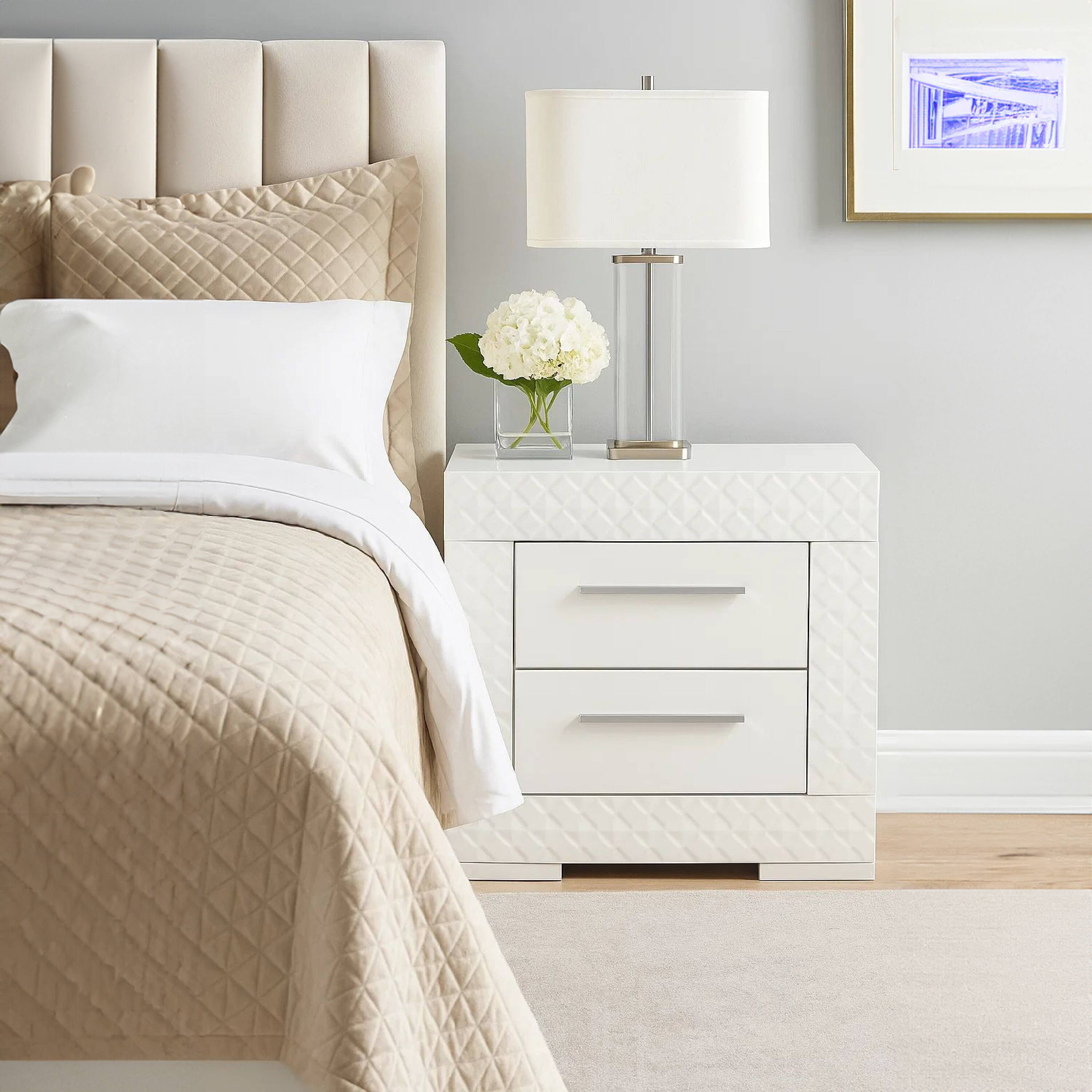 Alt View 6. Manhattan Lane - Dema 2 Drawer Nightstand, High Gloss White Textured Trim - White.