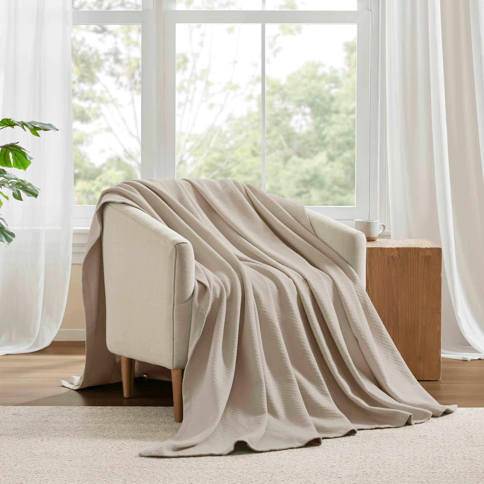 Alt View 3. Gracie Mills - Malaga Cotton Blanket - Beige.