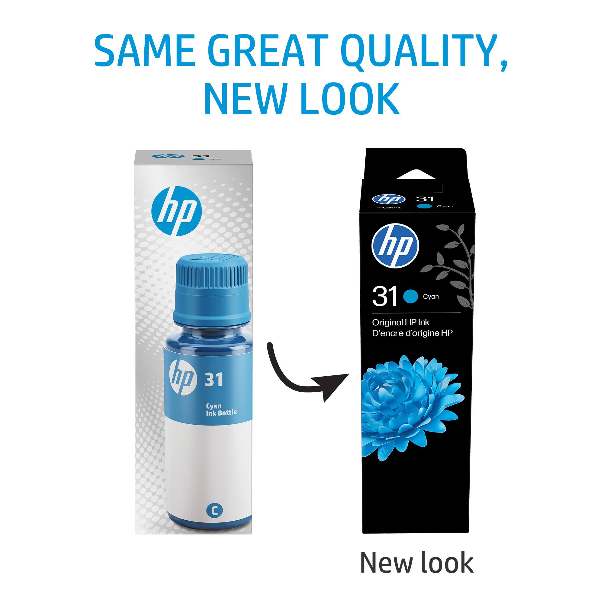 SAME GREAT QUALITY, NEW LOOK

hp 31 Cyan Ink Bottle

hp 31 Cyan Original HP Ink
D'encre d'origine HP

New look