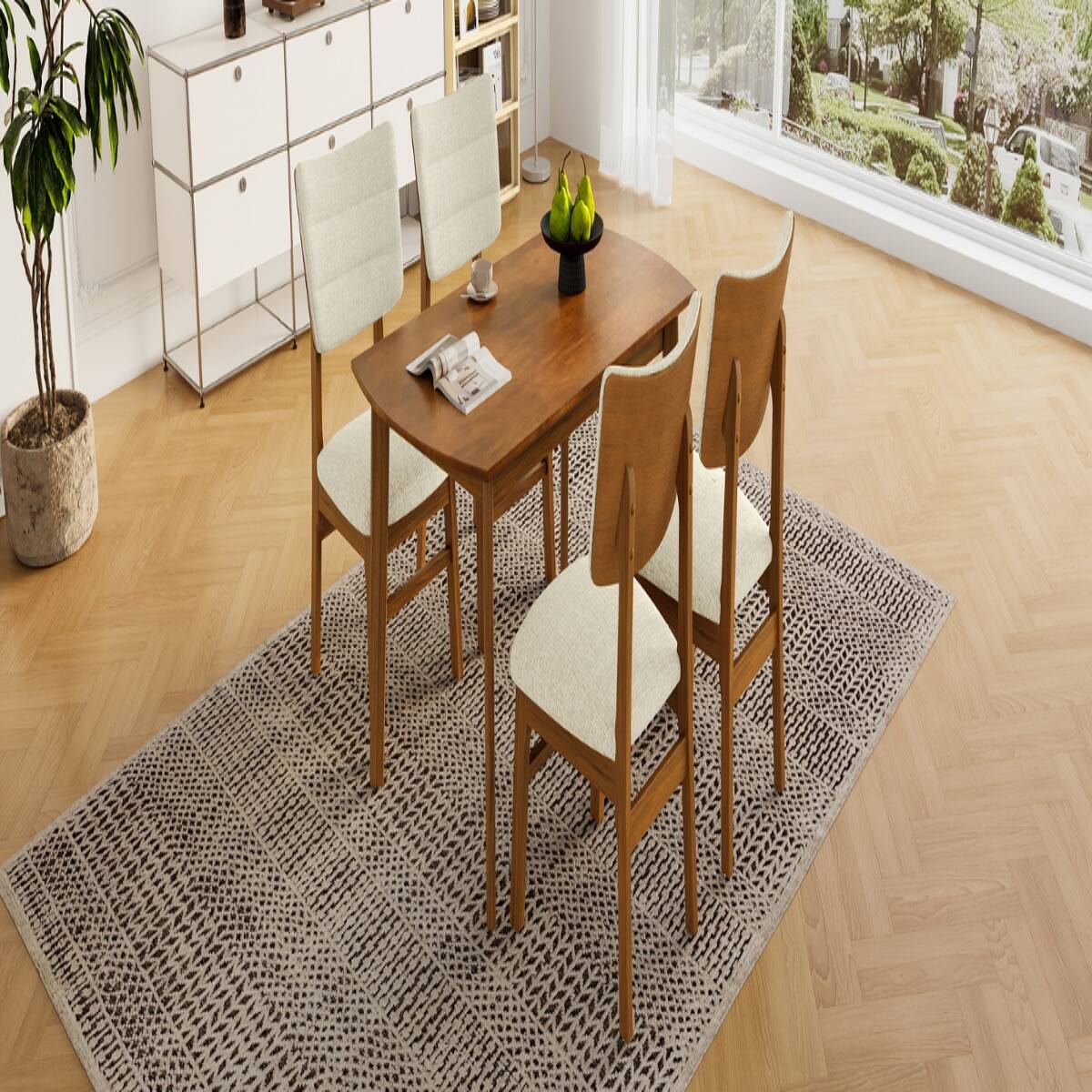Alt View 6. Loheer - Loheer Farmhouse Dining Table Set for 4 with Upholstered Dining Chairs, Brown and Beige - Brown and Beige.