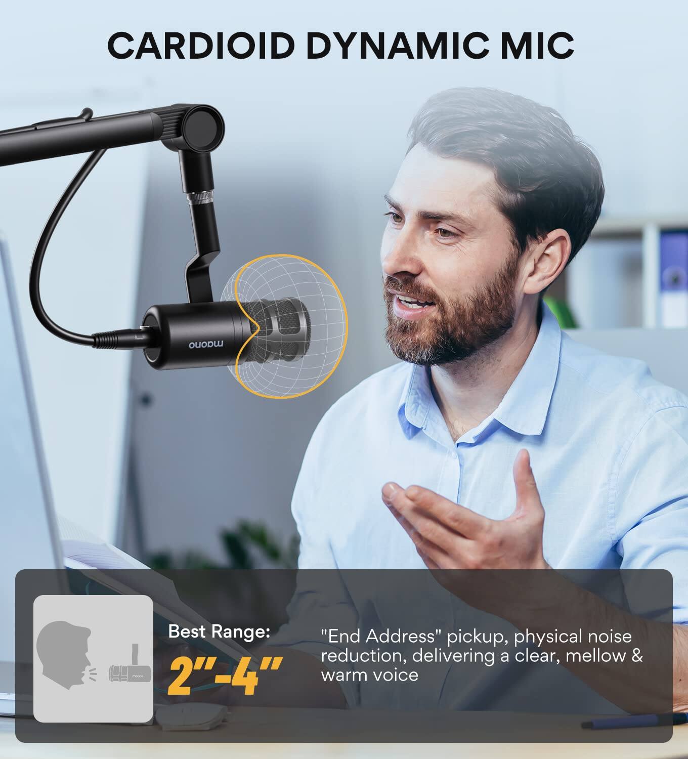 CARDIOID DYNAMIC MIC

Best Range: 2"–4"

"End Address" pickup, physical noise reduction, delivering a clear, mellow & warm voice