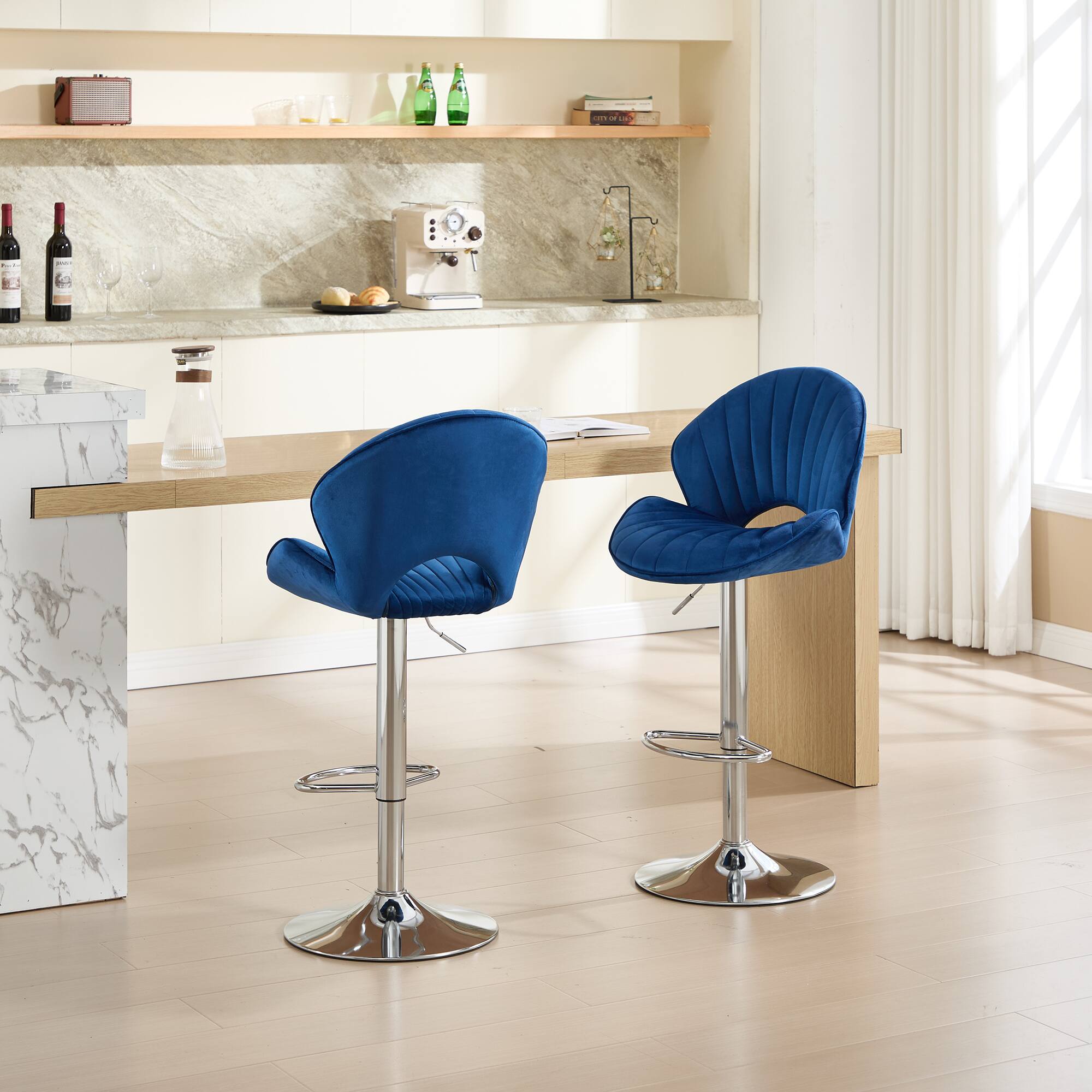 Left. Trinkets Crazed - Bar Stools Set of 2 - Adjustable Barstools with Back and Footrest, Counter Height Bar Chairs for Kitchen - Navy.