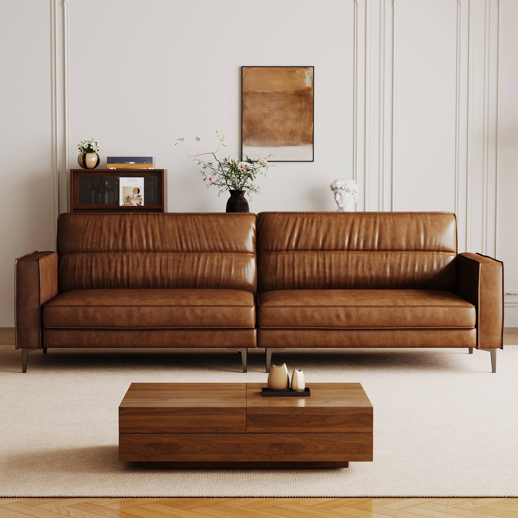 Left. luck idea - Mid-Century Modern Oil-Wax Leather Sectional Sofa, Couch,Solid Wood Frame, High-Density Foam Cushions, Metal Legs - Brown.