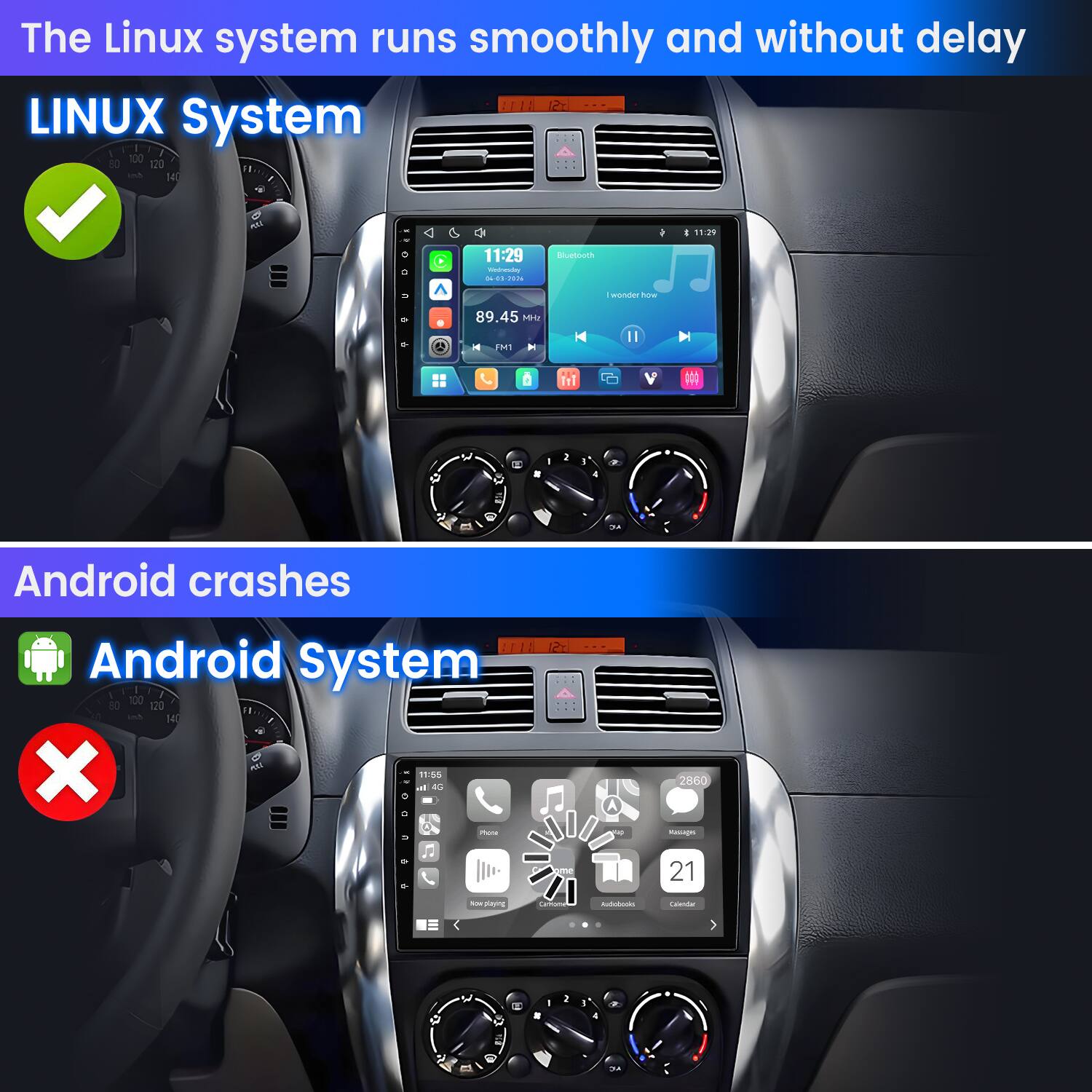 The Linux system runs smoothly and without delay  
LINUX System 100 80 120 140  
11:29 WeinersDay 04-013 2024  
Bluetooth  
- 11:29  
o  
wonder how  
0  
89.45 Me A FM1  
II  
fri  
9  
W  
0  
2  
I  
2  
I  
4  
7.  
R  
NO  
Android crashes  
ITTA SI Android System I 100 80 120 140 X AU 11:55 all 4G 0 : Photos n  
A sup  
2860 Massages  
0  
ame  
21  
NOW playing  
Calcium  
Redialma  
Calendar  
? H  
W  
W 12 @  
M  
8  
I  
2  
E  
4  
AC