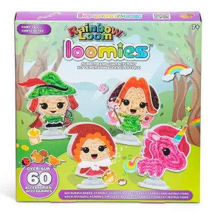 A loomies FAIRY TALE/ CONTE DE FE Rainbow Loom T loomies RUBBER BAND CHARACTER KIT KIT DE PERSONNAGE EN LASTIQUE 7+ rob pinie OVER/SUR 60 ACCESSORIES/ ACCESSOIRES 600 RUBBER BANDS, 4 FRAMES, 2 LOOMS, 4 HOOKS. 68 ACCESSORIES AND INSTRUCTIONS.