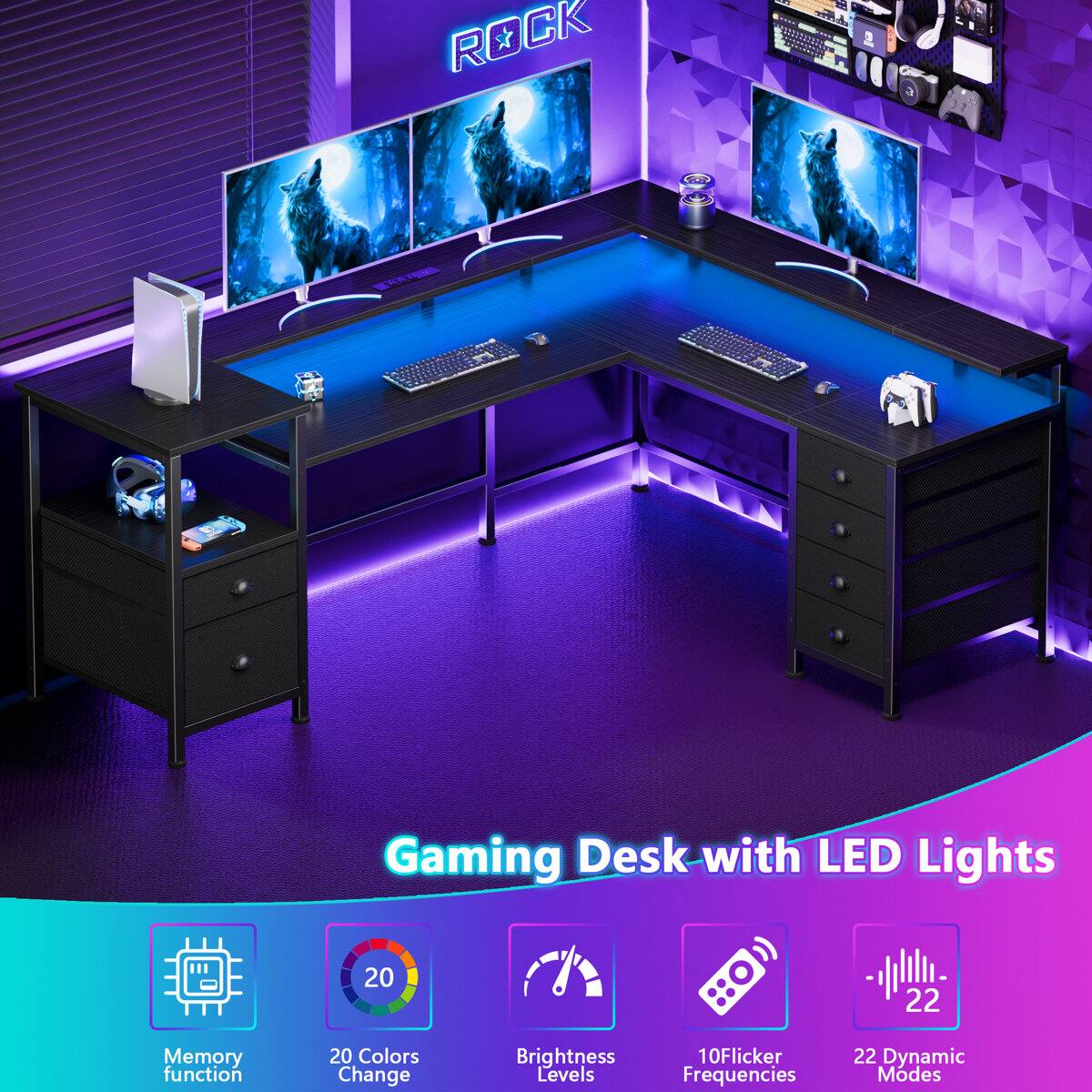 ROCK 3233232111 el C S Gaming Desk with LED Lights

- 20 Memory function
- 20 Colors Change
- Brightness Levels
- 10Flicker Frequencies
- 22 Dynamic Modes