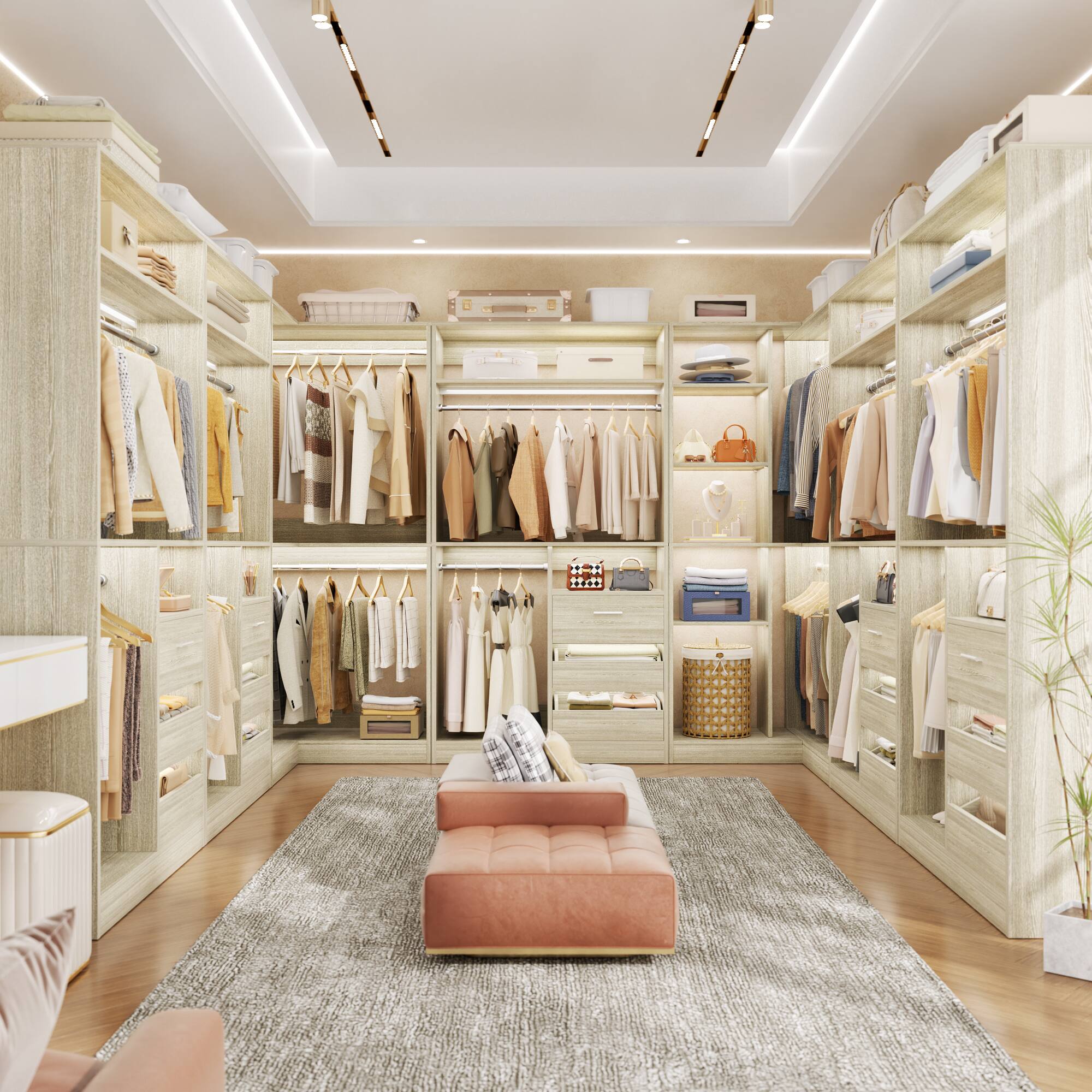 Left. Aheaplus - 72"-108" Modular DIY Closet System with 6 Drawers & 6 Hanging Rods, Heavy Duty Adjustable Organizer for Bedroom/Garage - White Oak.