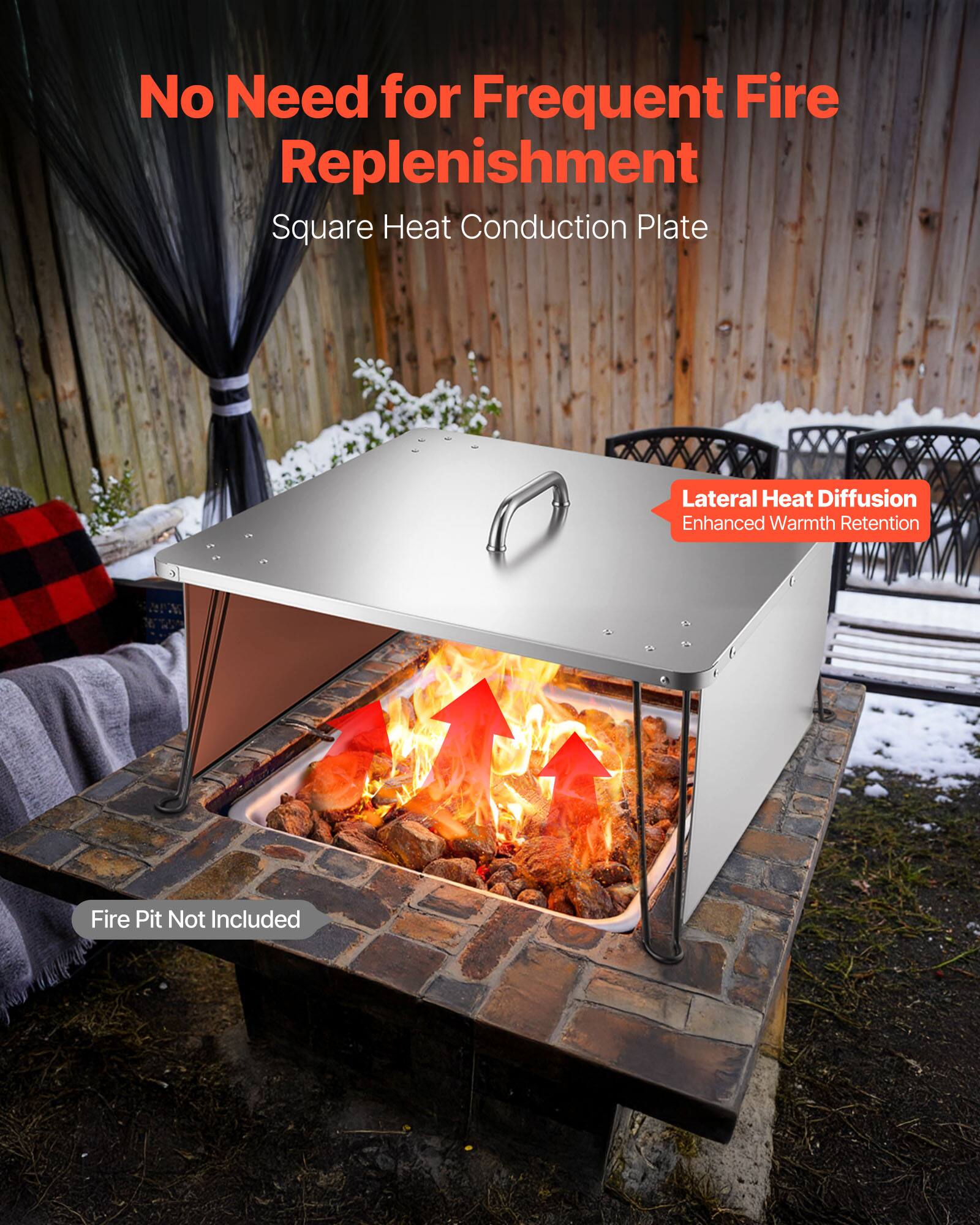 No Need for Frequent Fire Replenishment  
Square Heat Conduction Plate  
Lateral Heat Diffusion  
Enhanced Warmth Retention  
Fire Pit Not Included