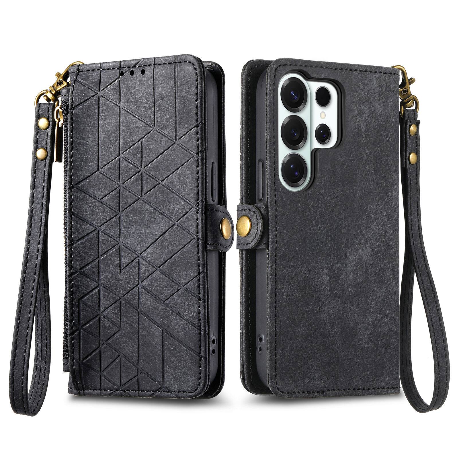 Left. Dteck - For Samsung S25 Ultra Zipper Wallet PU Leather Handbag Purse Flip Kickstand Folio Card Slots Holder Wrist Strap Cover - Black.