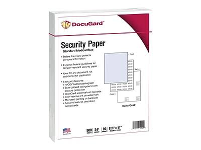 DocuGard Security Paper  
Standard Medical Blue  

- Deters fraud and protects personal information  
- Exceeds federal guidelines for paper-resistant security paper  
- Ideal for any document not authorized for duplication  
- 100% security features:  
  - "VOID" hidden pantograph  
  - Blue-colored background with assurance protection  
  - DocuGard watermark on backside  
  - Coin-reactive ink on watermark  
  - Microcoated printing on backside  
  - Security features described on backside  

Item #04541  
500 sheets  
24 lb  
92 gsm  
8½" x 11"