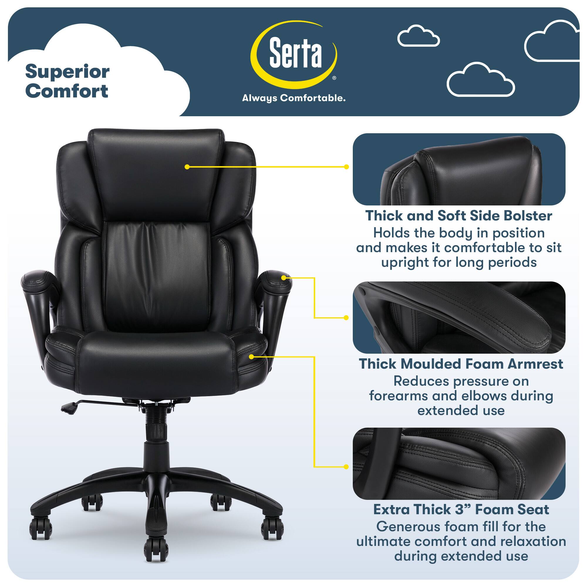 Angle. Serta - Ergonomic Executive Office Chair with Lumbar Support Cushioned Headrest Padded Arms Reclining Swivel Leather Garret - Space Black.
