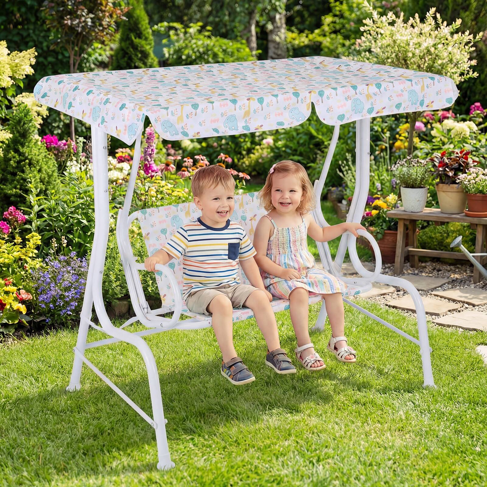 Alt View 4. Costway - Costway Kids Patio Swing,2-Seater Outdoor Porch Swing Lounge Chair with Adjustable Canopy - White.