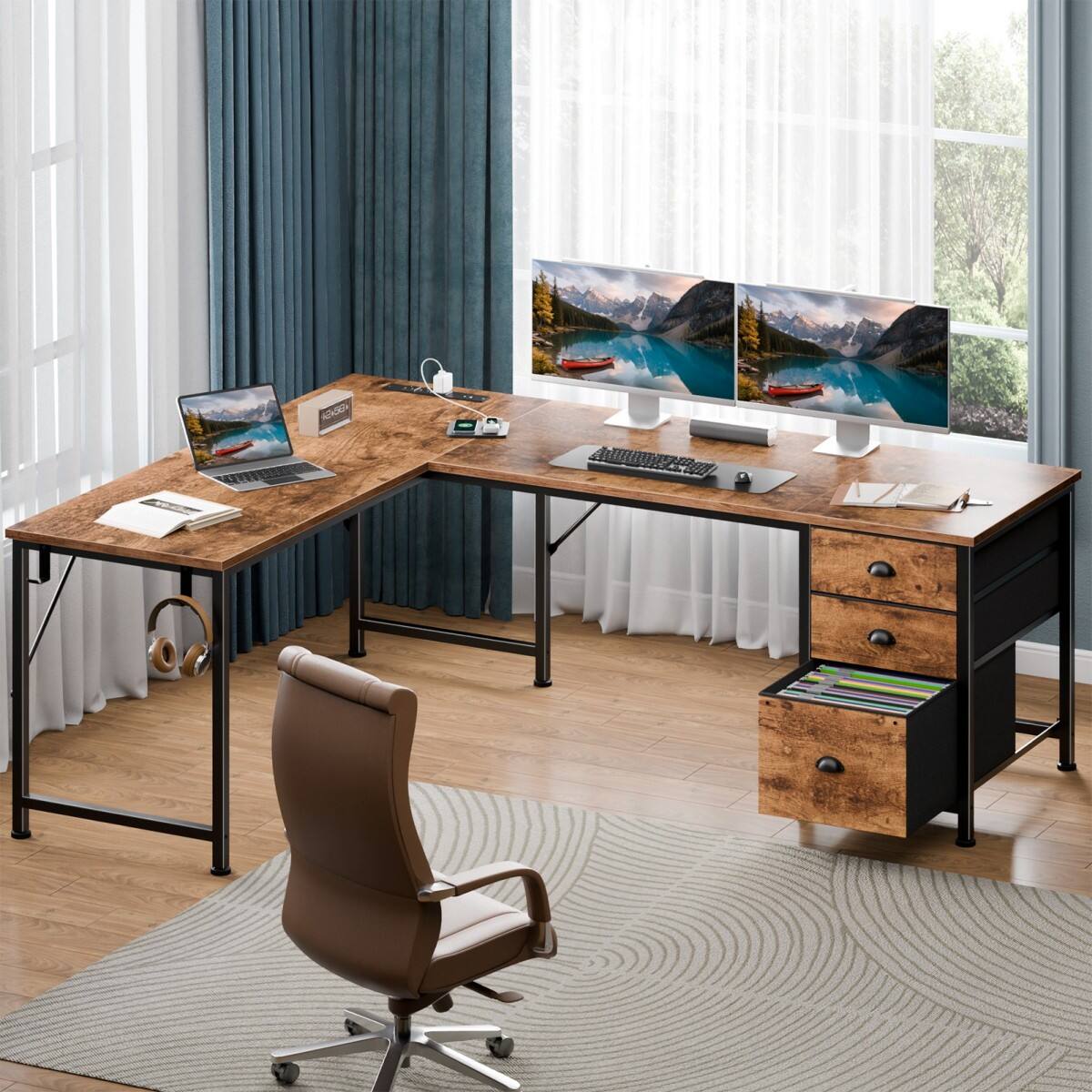 Furnulem L Shaped Computer Desk with Built in Power Strip 3 Storage ...
