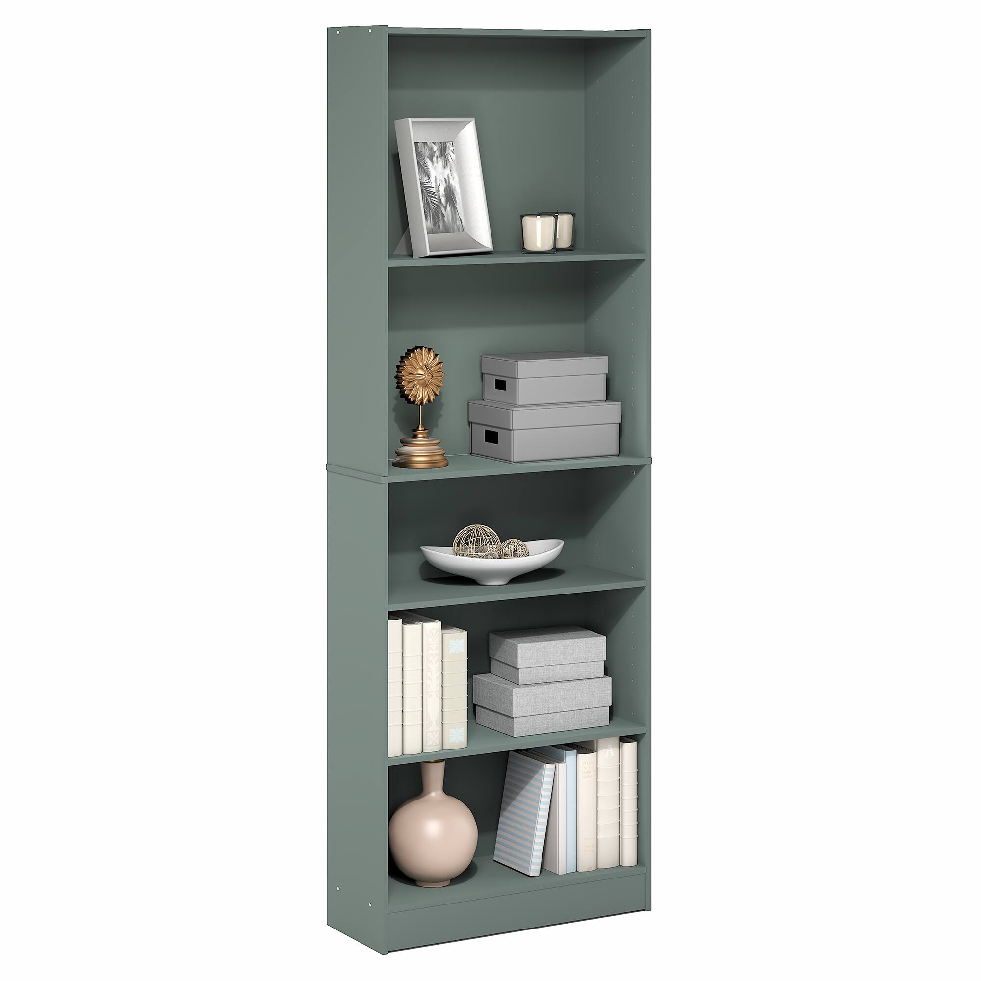 Alt View 1. Furinno - JAYA Book Shelf, 5-Tier Bookshelf, Bookcase, with Adjustable Shelves, 9.5 x 24.5 x 71, for Home Office, Living Room - Sage Green.