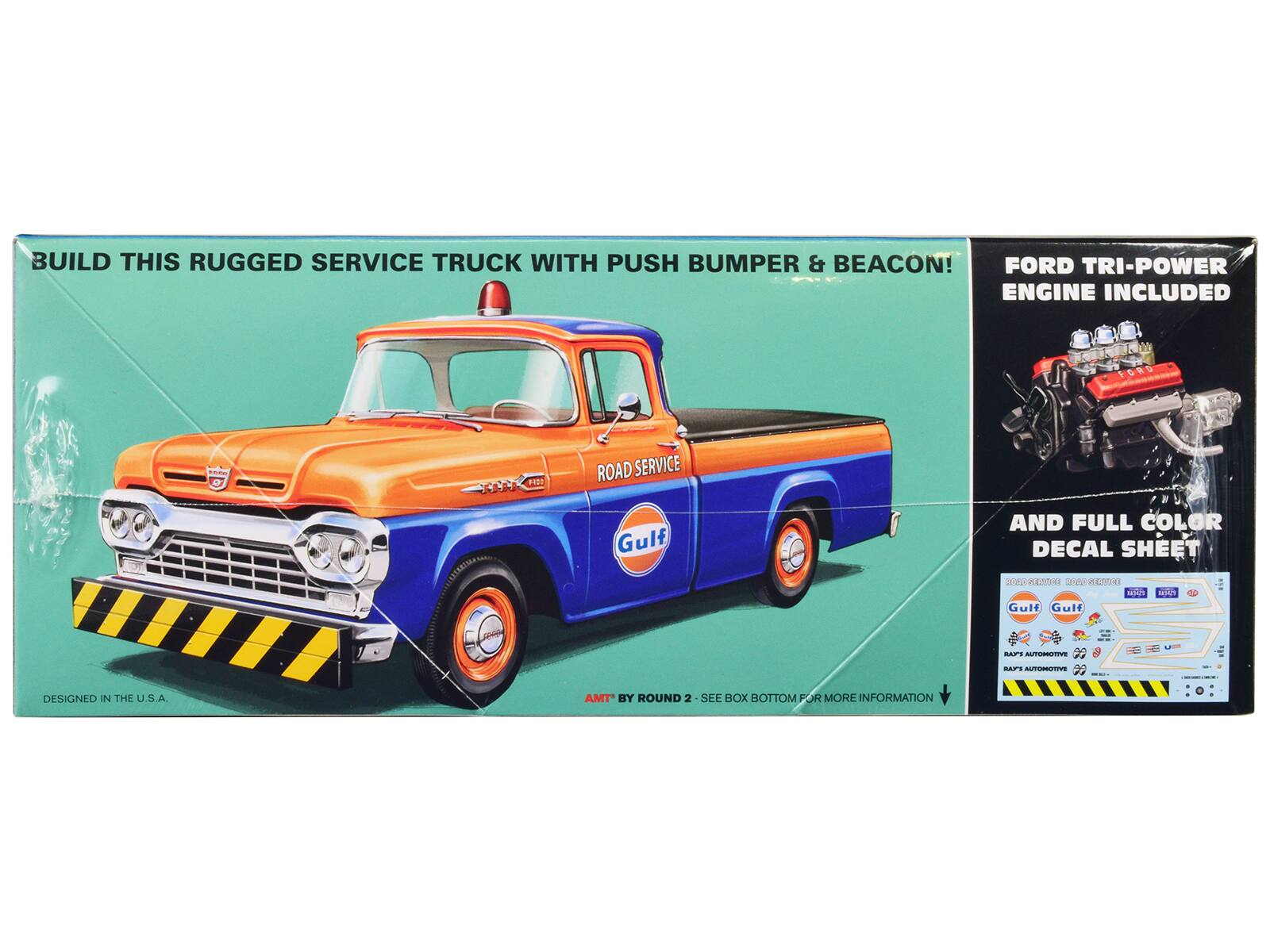 BUILD THIS RUGGED SERVICE TRUCK WITH PUSH BUMPER & BEACON!  
FORD TRI-POWER ENGINE INCLUDED  
AND FULL COLOR DECAL SHEET  

DESIGNED IN THE U.S.A.  
AMT BY ROUND 2 - SEE BOX BOTTOM FOR MORE INFORMATION