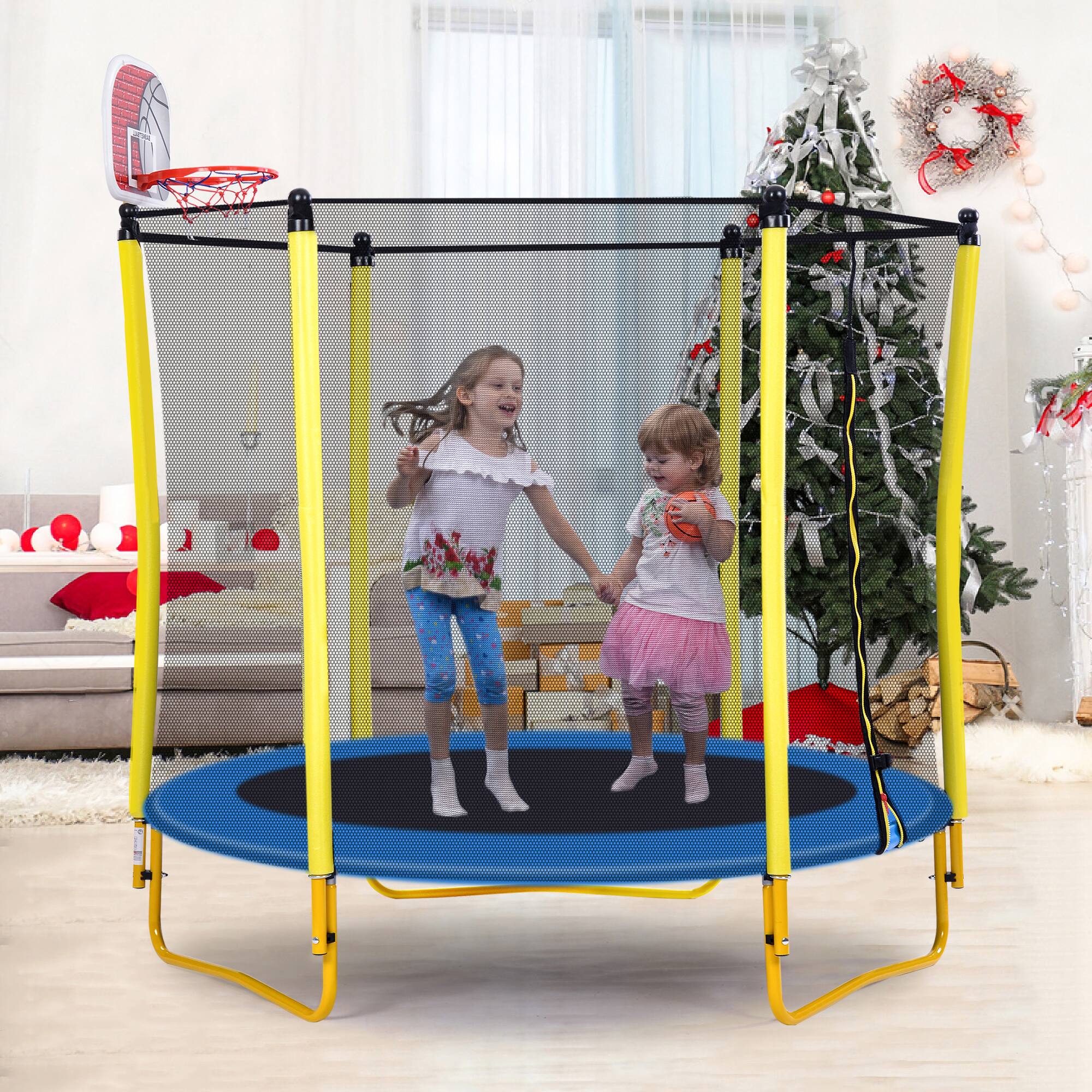 Angle. LOVMOR - Lovmor 5.5 FT Trampoline with Basketball Hoop and Safety Enclosure Recreational Trampoline for Kids.