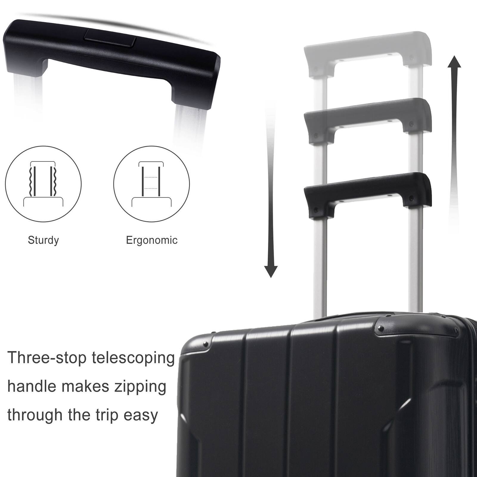 Sturdy Ergonomic Three-stop telescoping handle makes zipping through the trip easy