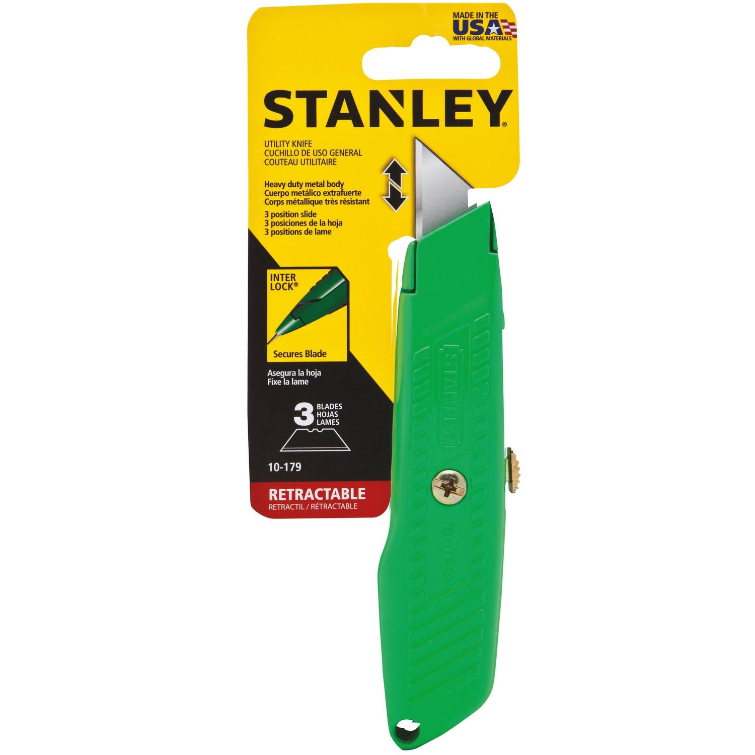 MADE IN THE USA  
STANLEY UTILITY KNIFE  
CUCHILLO DE USO GENERAL  
COUTEAU UTILITAIRE  

Heavy duty metal body  
Cuerpo metálico extrafuerte  
Corps métallique très résistant  

3 position slide  
3 posiciones de la hoja  
3 positions de lame  

INTER LOCK  
Secures Blade  
Asegura la hoja  
Fixe la lame  

BLADES 3  
HOJAS LAMES  

RETRACTABLE  
RETRACTIL / RETRACTABLE  

10-179