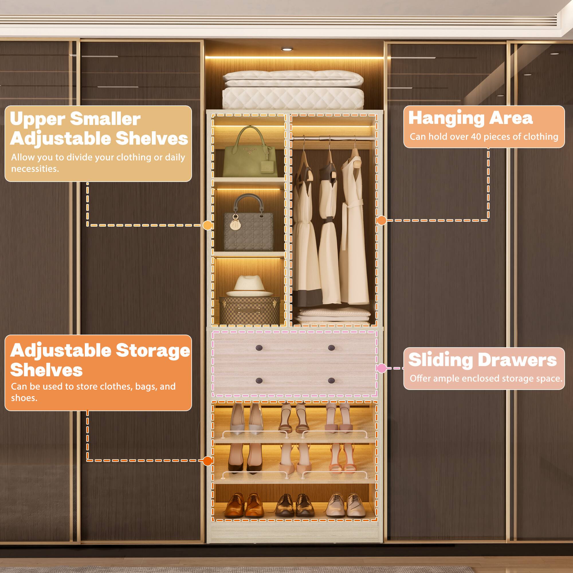Upper Smaller Adjustable Shelves  
Allow you to divide your clothing or daily necessities.  

Hanging Area  
Can hold over 40 pieces of clothing  

Adjustable Storage Shelves  
Can be used to store clothes, bags, and shoes.  

Sliding Drawers  
Offer ample enclosed storage space.