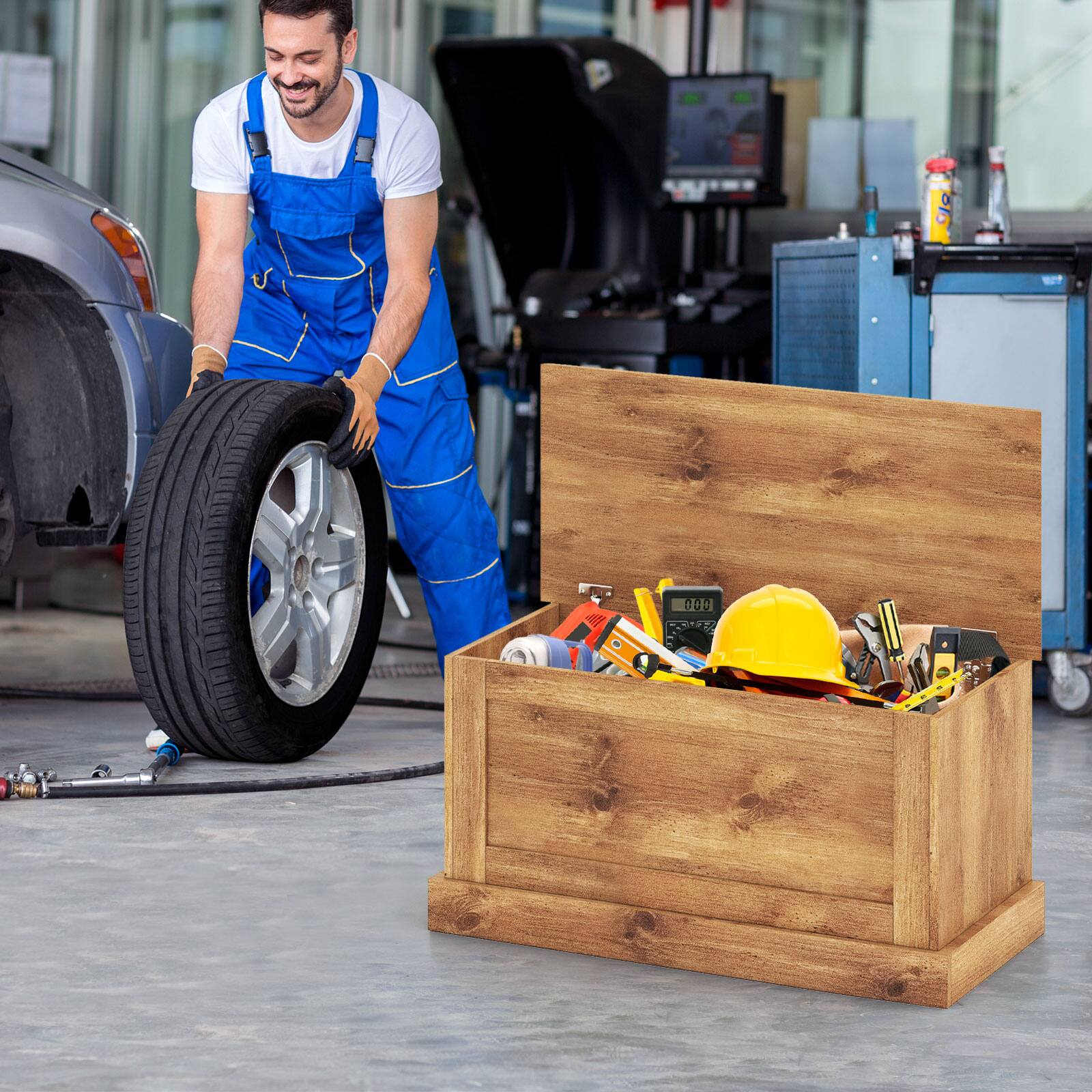 Alt View 3. Gymax - Gymax 35.5'' Storage Chest Lift Top Storage Box w/Safety Hydraulic Strut & Metal Hinges Oak - Yellow.