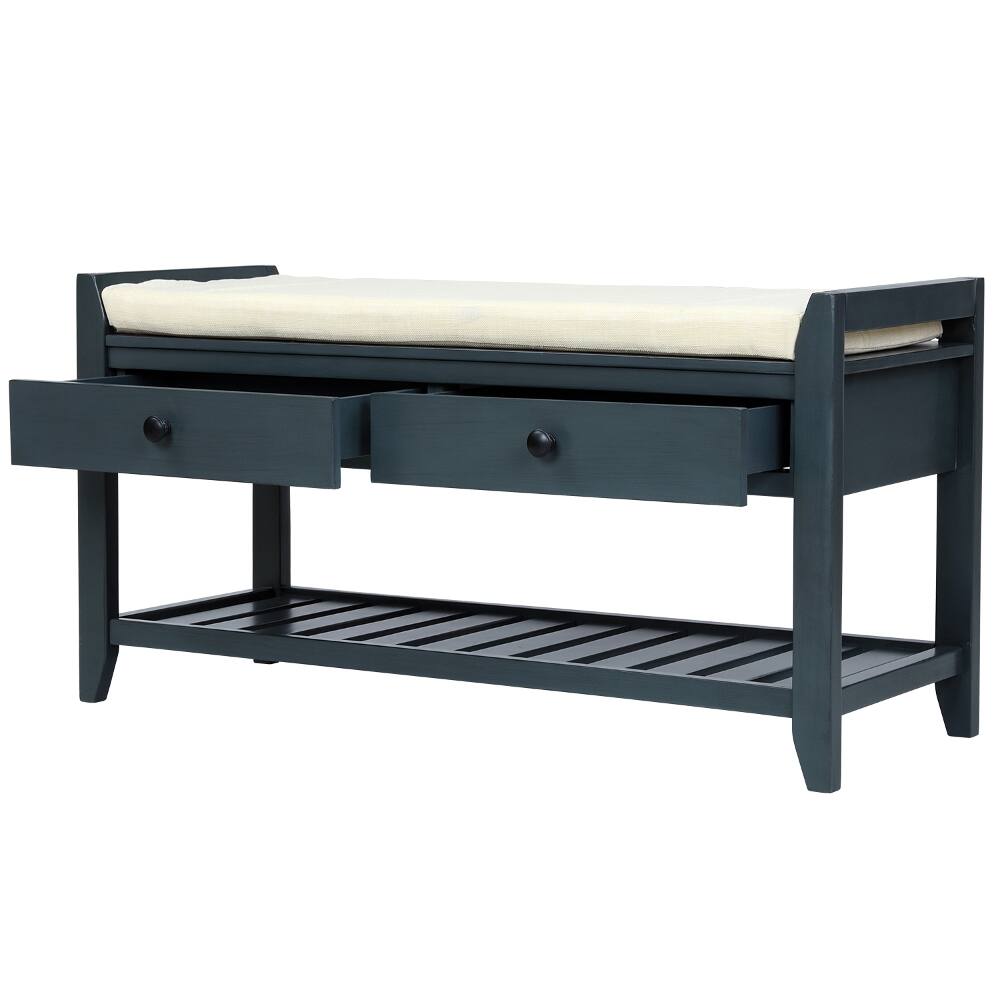 Alt View 8. Ropilly - Ropilly Antique Navy Entryway Storage Bench with Shoe Rack and Cushioned Seat, Pine Wood Hallway Bench - Antique Navy.