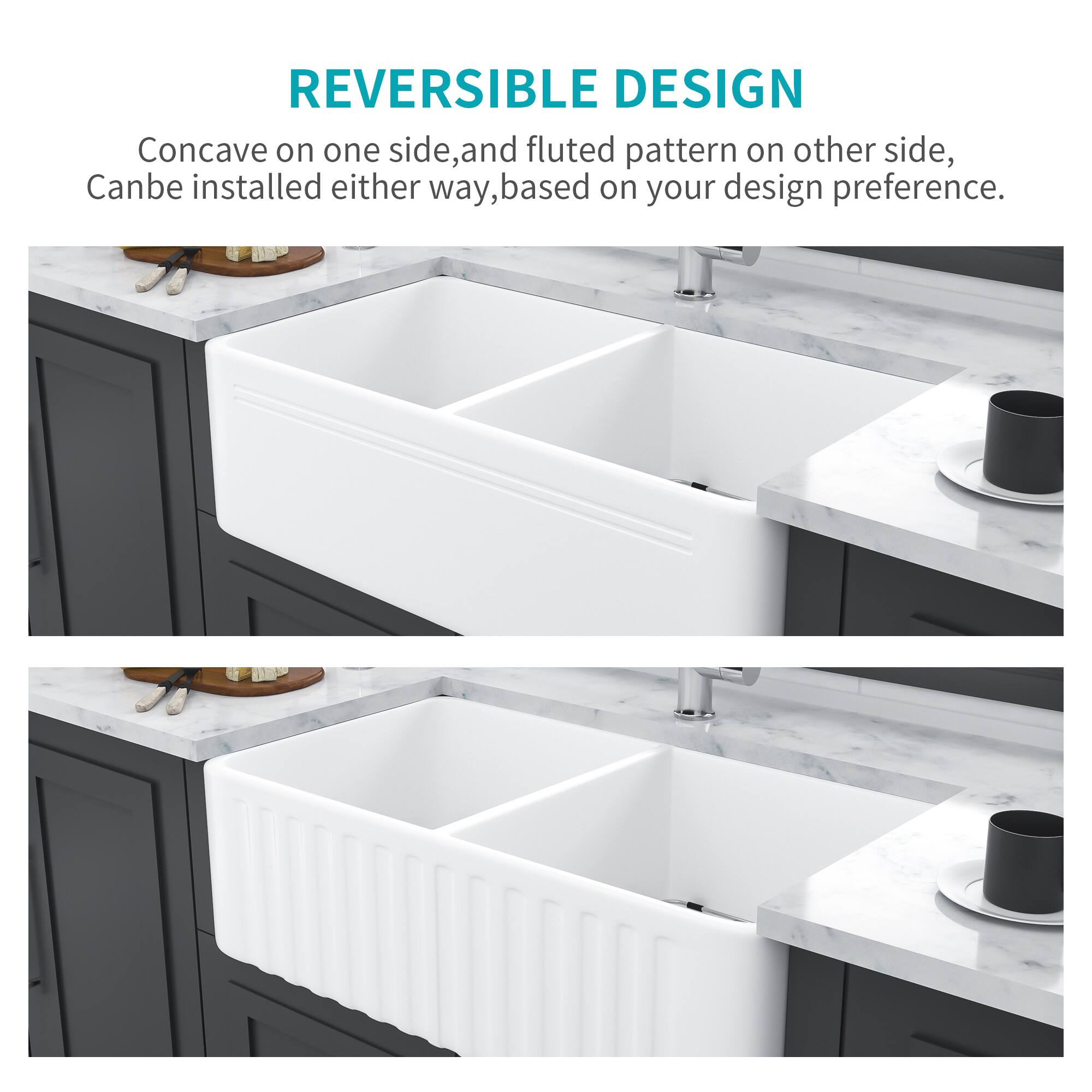 REVERSIBLE DESIGN  
Concave on one side, and fluted pattern on the other side,  
Can be installed either way, based on your design preference.