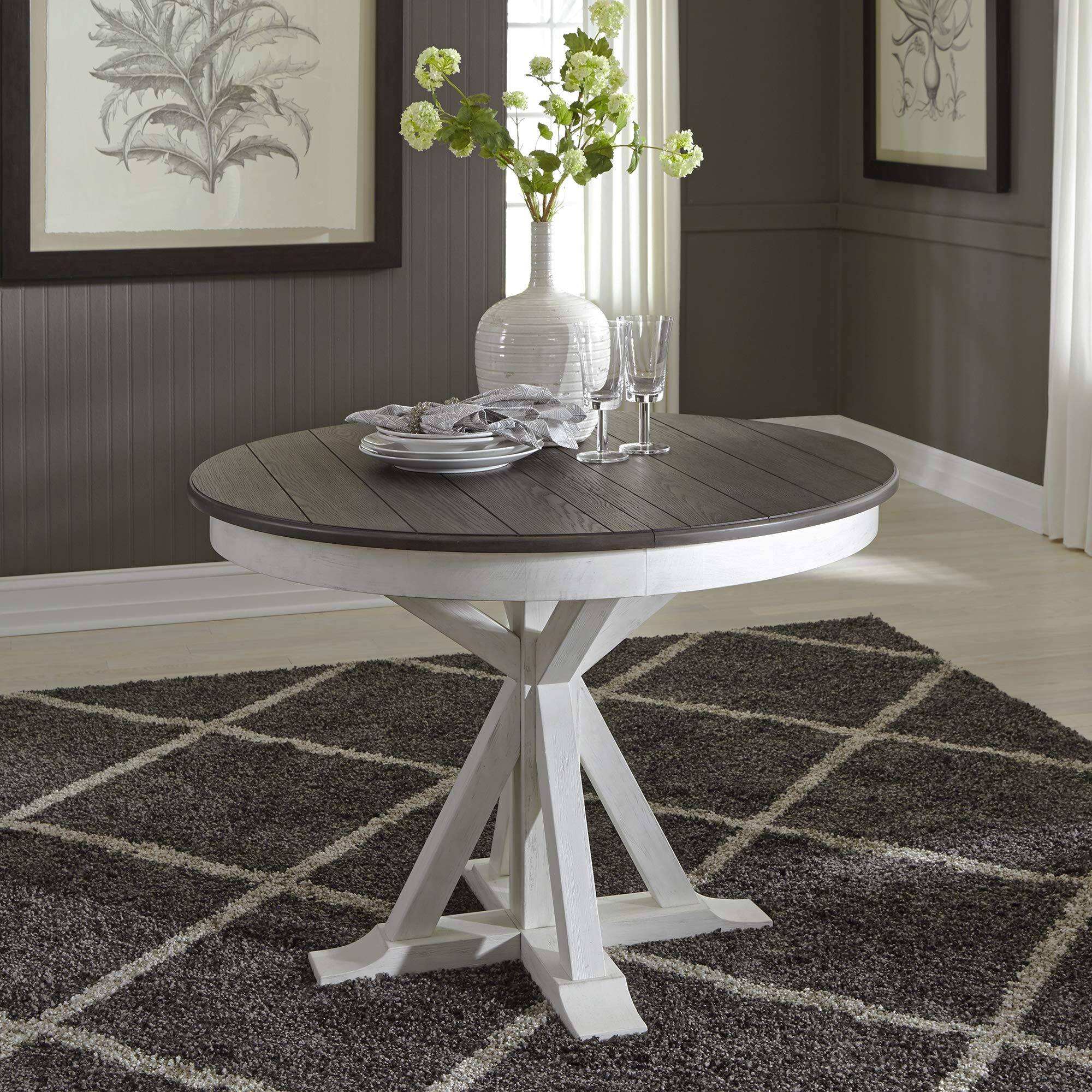Angle. Liberty Furniture Industries - Pedestal Table in Poplar & Rubberwood Solids w Pine Veneer - Wirebrushed White W/ Charcoal Top.