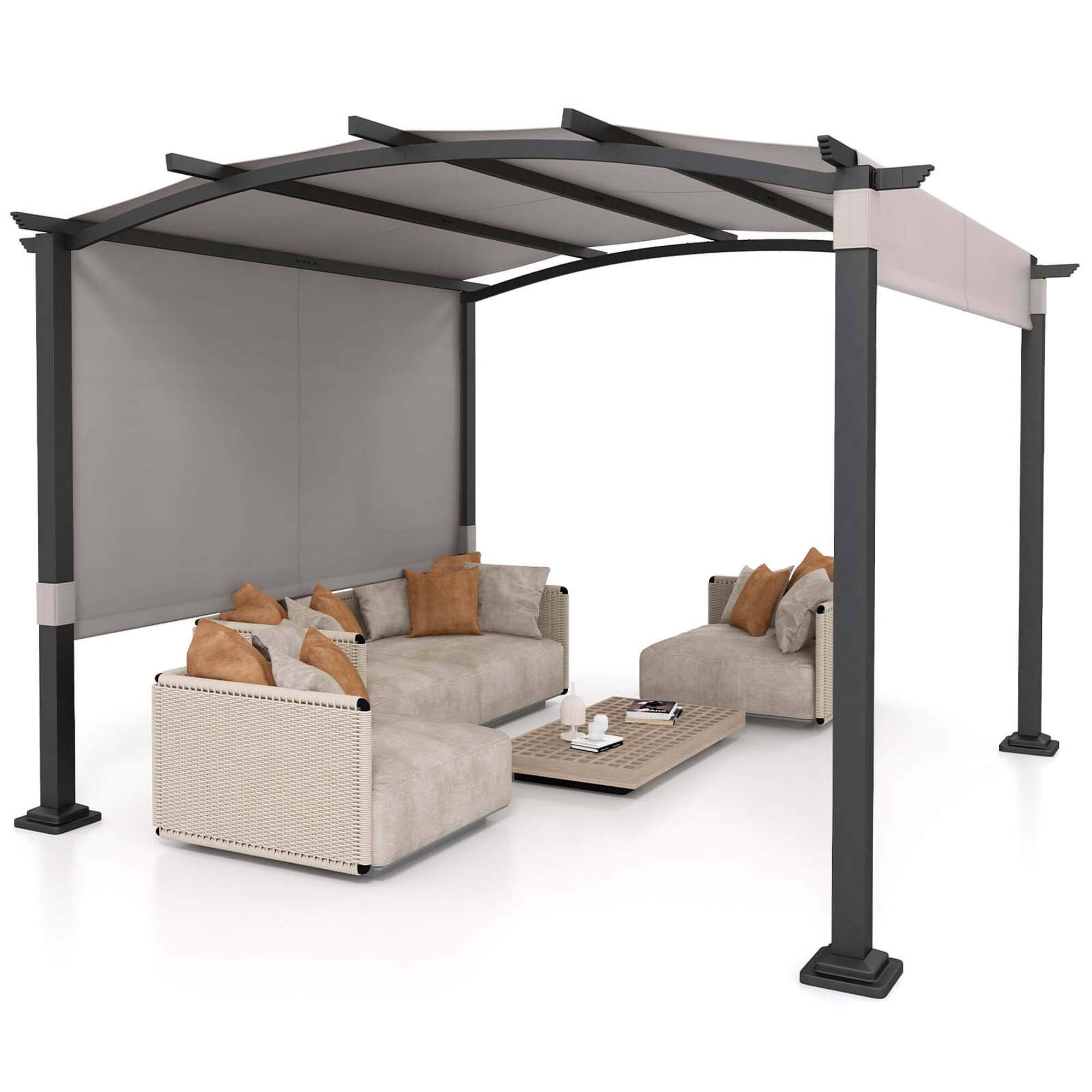 Alt View 1. Costway - 10' x 10' Outdoor Pergola with Retractable Sunshade Canopy Anchored Plates Patio - Grey + Black.