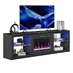 Bestier 70-Inch LED Fireplace TV Stand in White with Tempered Glass Shelves and Open Storage Cabinet - Black Marble