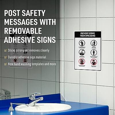 POST SAFETY MESSAGES WITH REMOVABLE ADHESIVE SIGNS

- Sticks strong yet removes cleanly
- Durable adhesive sign material
- New hand washing templates and more

PREVENT GERMS FROM SPREADING