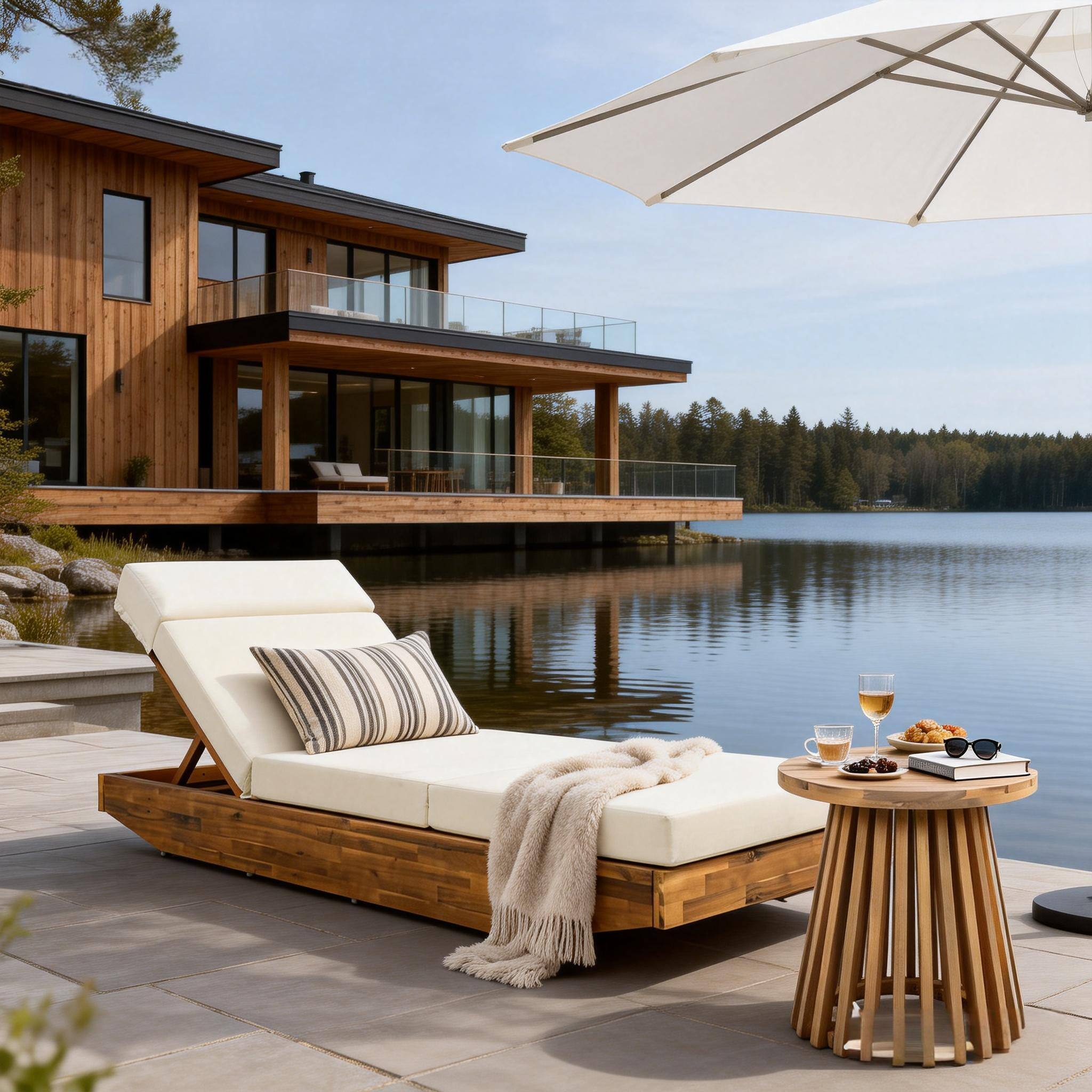 Angle. Anysun - Assembly Foldable Design Modern Acacia Wood Outdoor Chaise Lounge with Water-Repellent Cushion, Integrated Headrest - Beige.