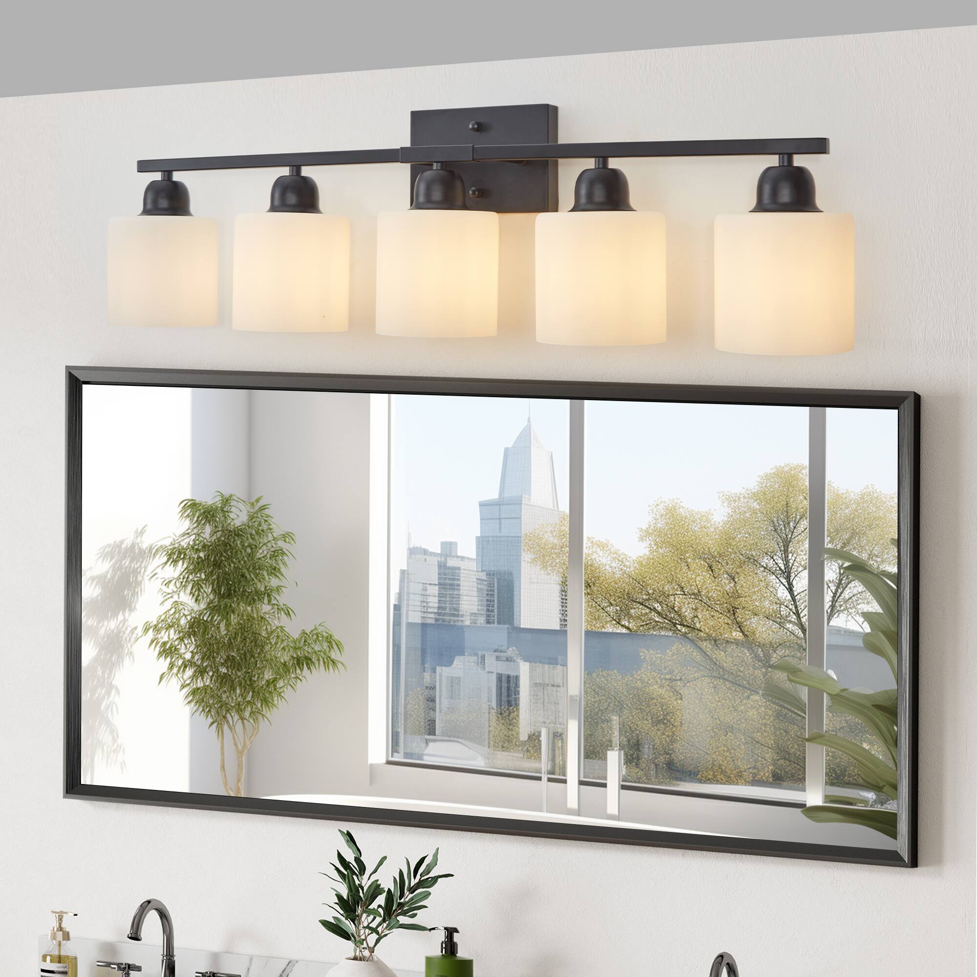 Angle. HOMLUX - 31.5 in. 5 Lights Black LED Vanity Light Bar Vanity Accent Lighting Fixtures and Metal Wall Sconces with Crystal Shade.