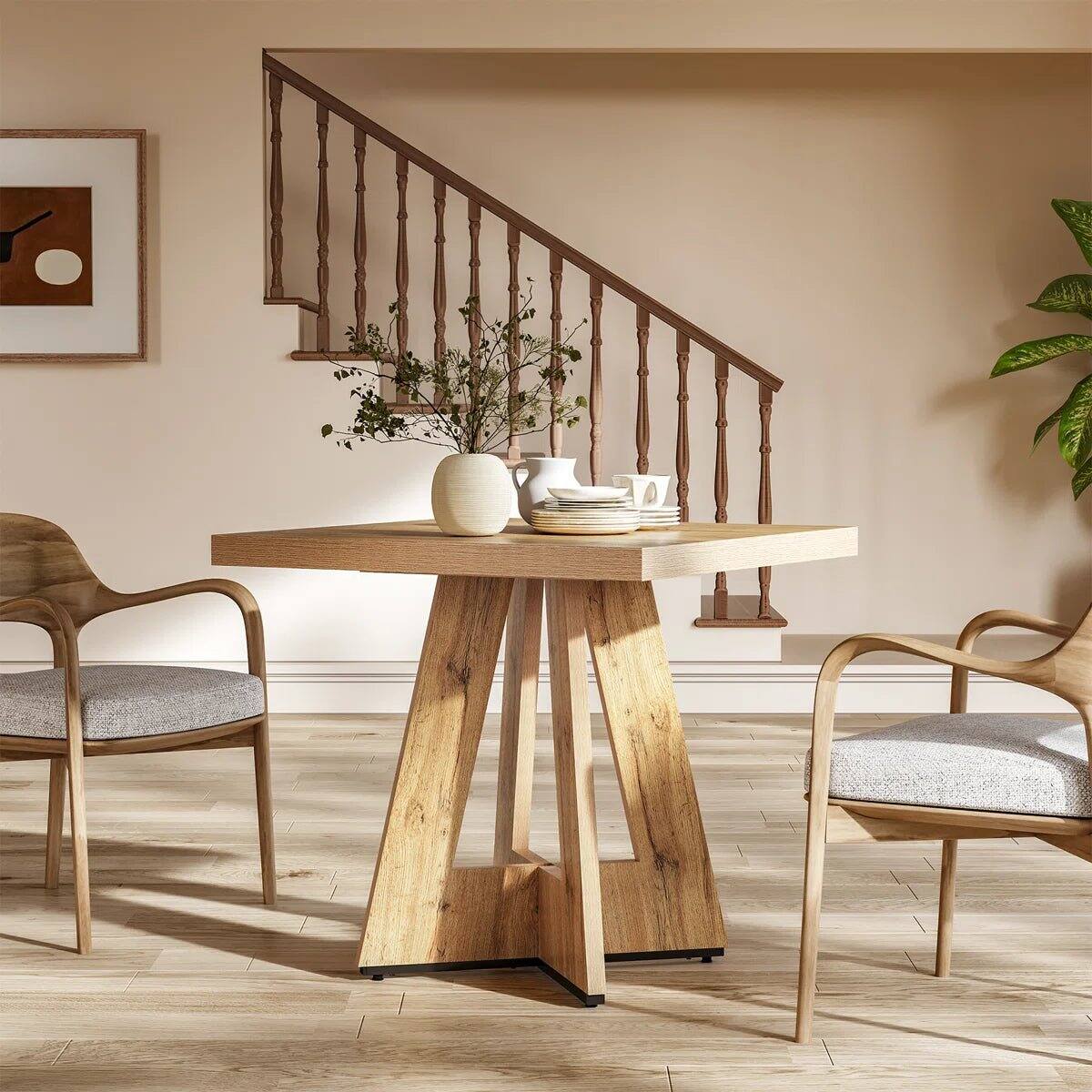 Angle. Tribesigns - Dining Table with Engineered Wood Construction and Square Top for Dining Room and Kitchen - Light Brown.