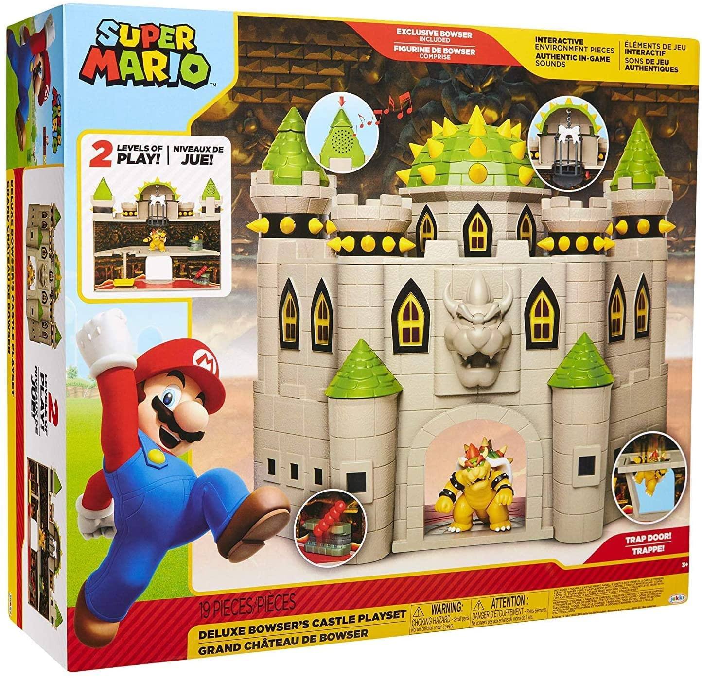 SUPER MARIO™  
EXCLUSIVE BOWSER INCLUDED  
FIGURINE DE BOWSER COMPRISE  

INTERACTIVE ENVIRONMENT PIECES  
ELEMENTS DE JEU INTERACTIFS  
AUTHENTIC IN-GAME SOUNDS  
SONS DE JEU AUTHENTIQUES  

LEVELS OF PLAY!  
NIVEAUX DE JEU!  

2 PLAY!  
JUE!  

19 PIECES  
PIECES  

TRAP DOOR!  
TRAPPE!  

DELUXE BOWSER'S CASTLE PLAYSET  
GRAND CHÂTEAU DE BOWSER  

WARNING: CHOKING HAZARD - Small parts. Not for children under 3 years.  
ATTENTION: DANGER DE DÉTROUFFEMENT - Pièces détachées. Ne convient pas aux enfants de moins de 3 ans.
