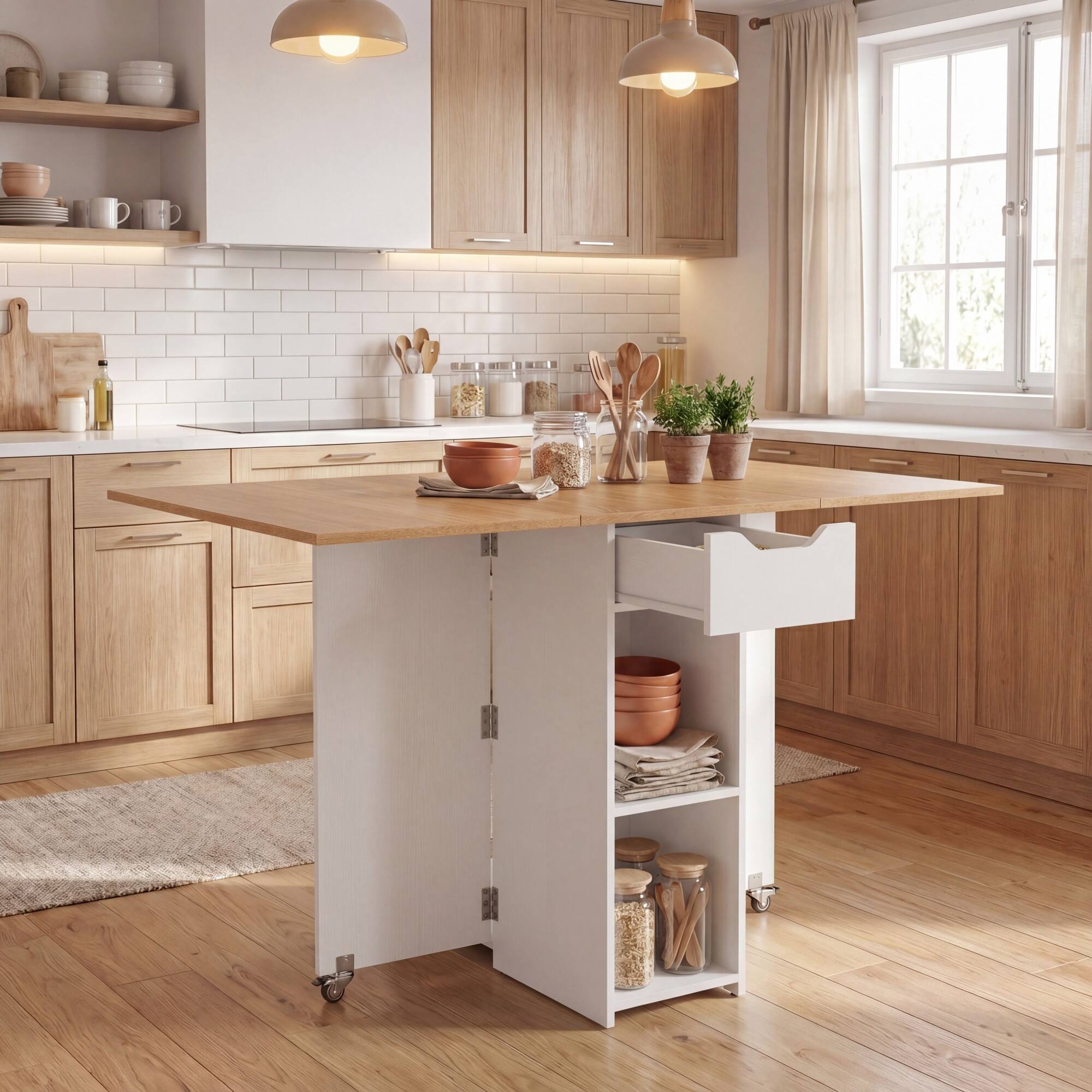 Alt View 1. Costway - Costway Folding Dining Table with 2 Open Shelves & Drawer, 2 Lockable Universal Wheels - Natural+Black.