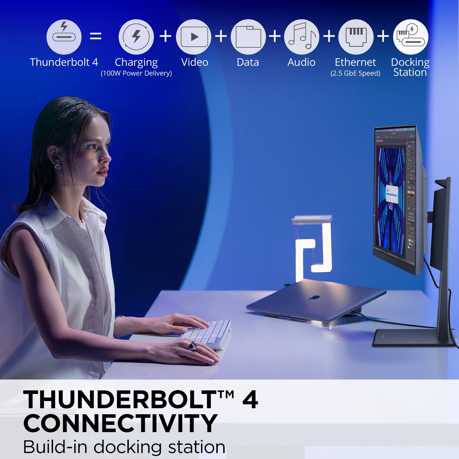 Thunderbolt 4 Charging Video (100W Power Delivery) Data Audio Ethernet Docking (2.5 GbE Speed) Station - THUNDERBOLTTM 4 CONNECTIVITY Build-in docking station
